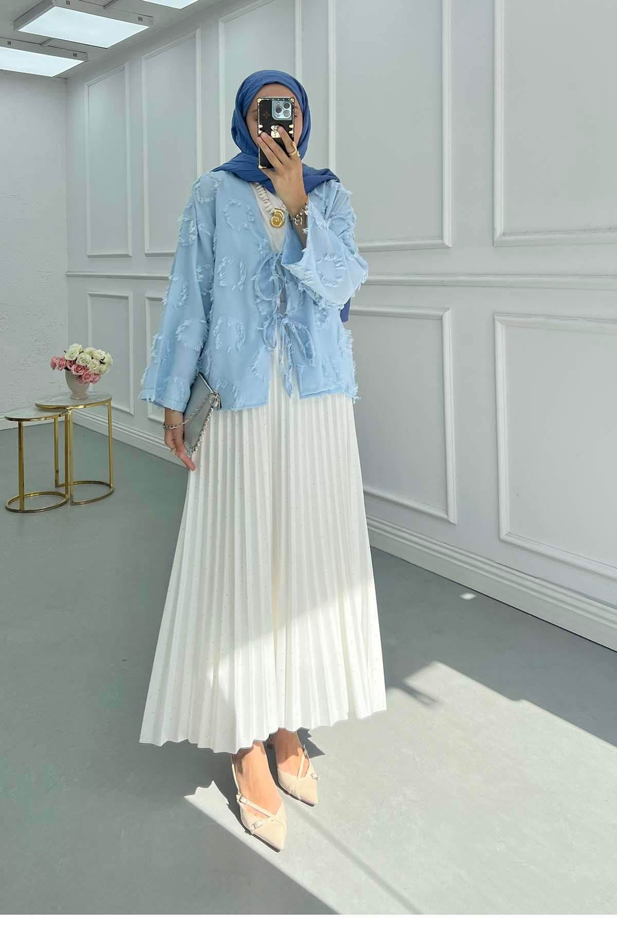 Püsküllü Bağlamalı Kimono Bebe Mavi