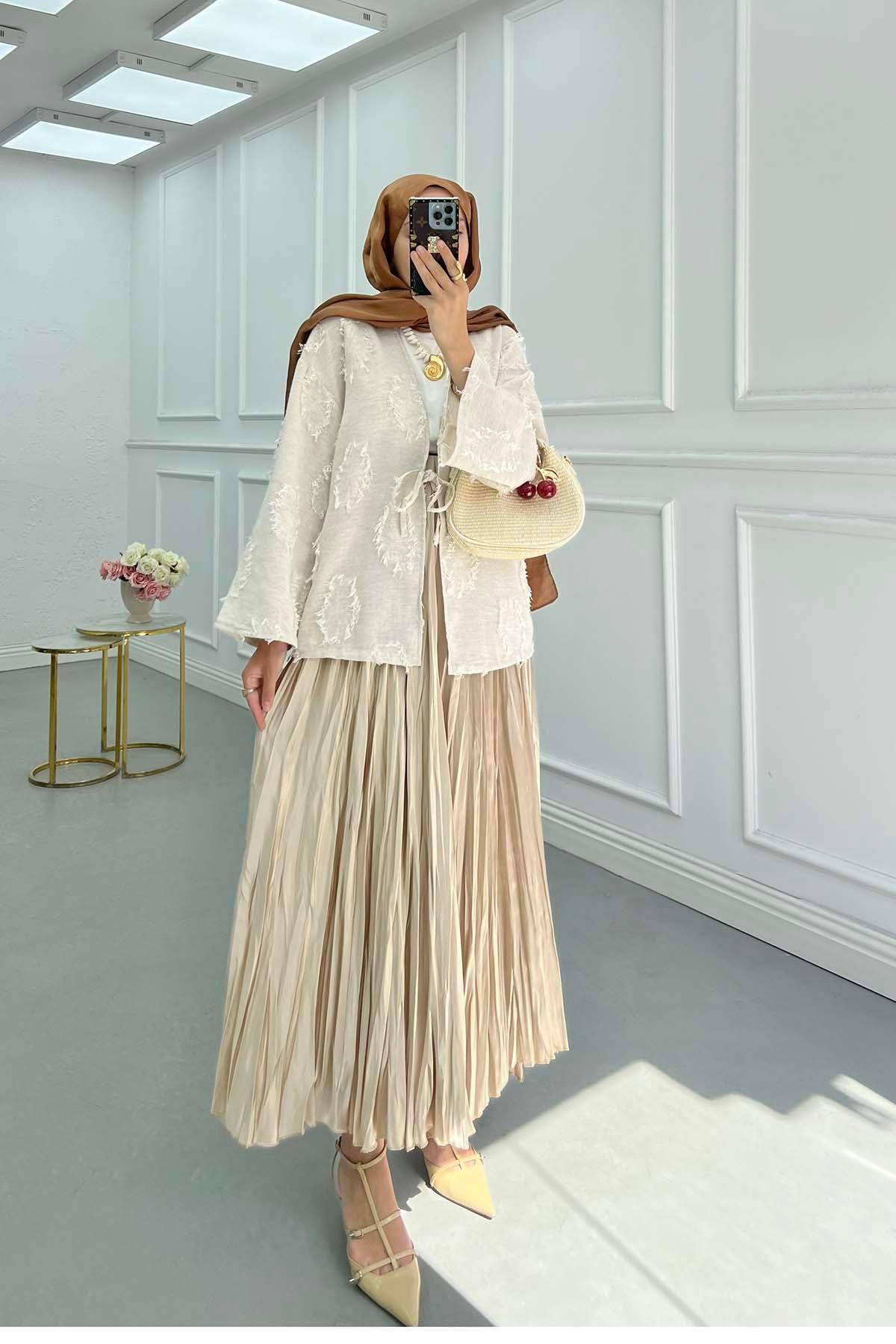 Püsküllü Bağlamalı Kimono Bej