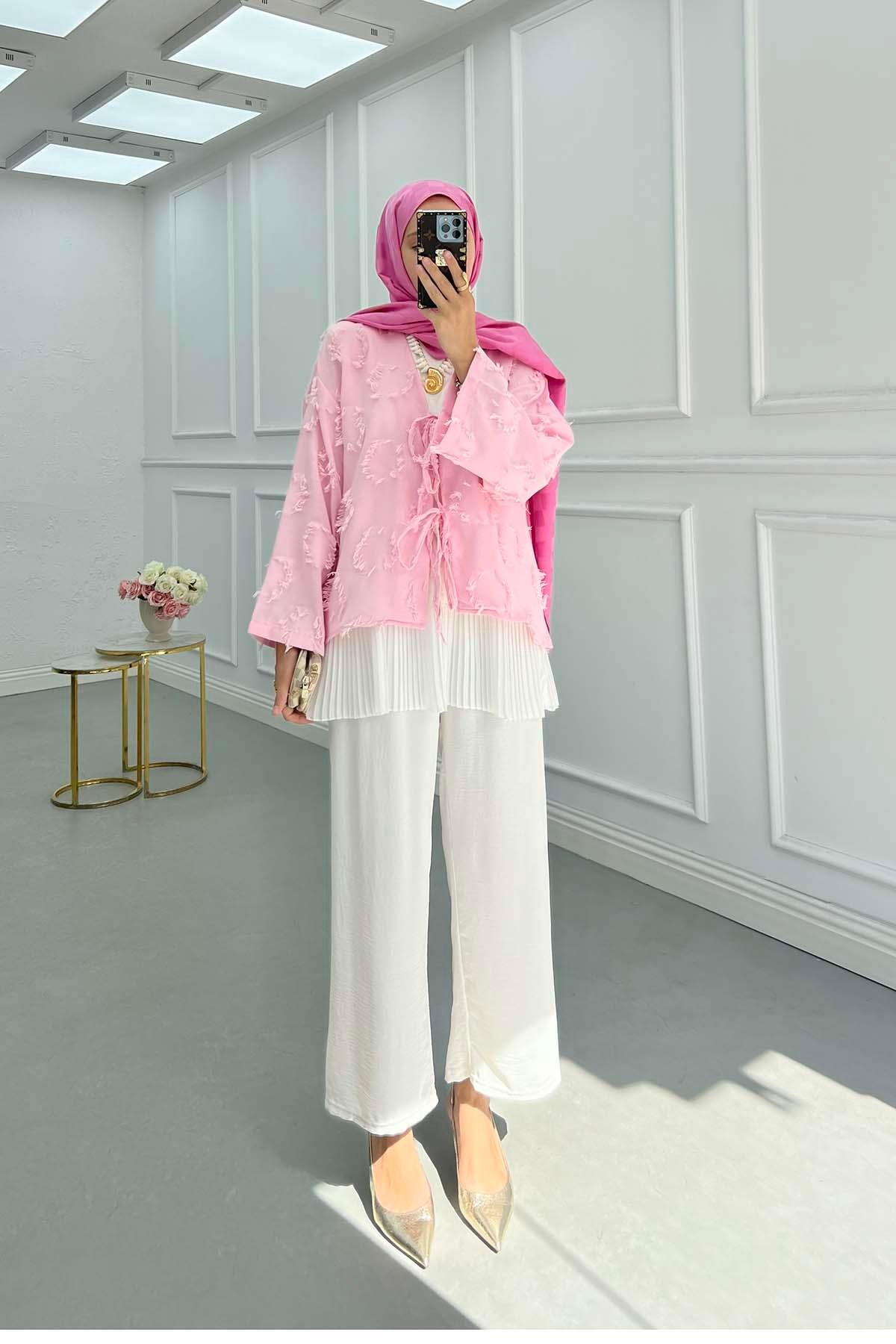 Püsküllü Bağlamalı Kimono Pembe