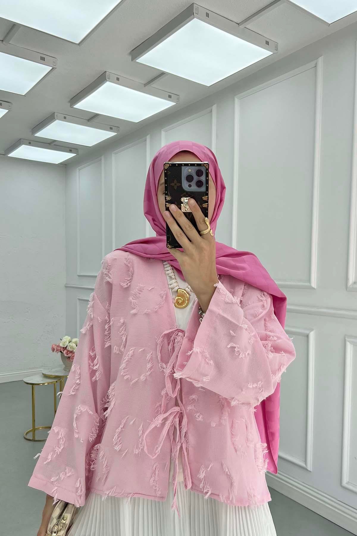 Püsküllü Bağlamalı Kimono Pembe