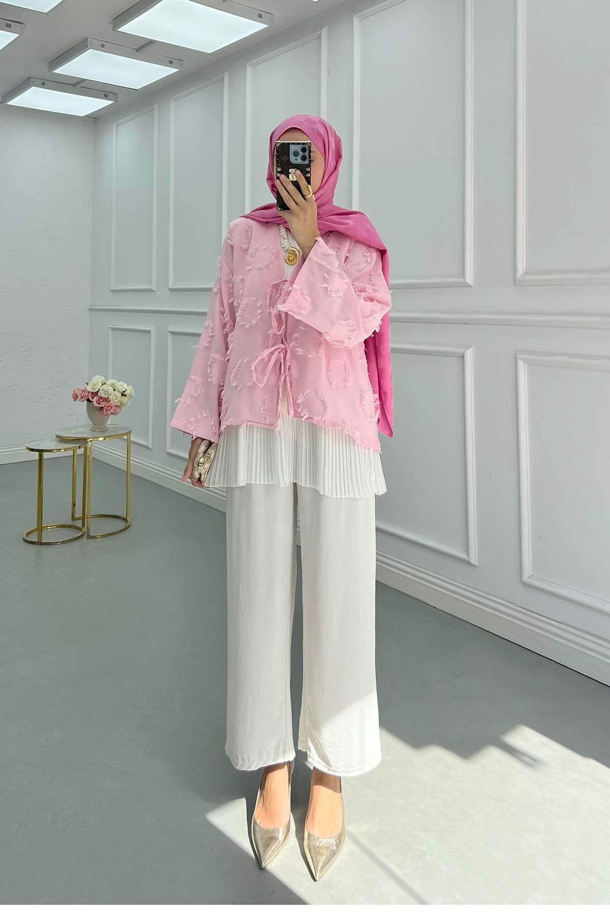 Püsküllü Bağlamalı Kimono Pembe
