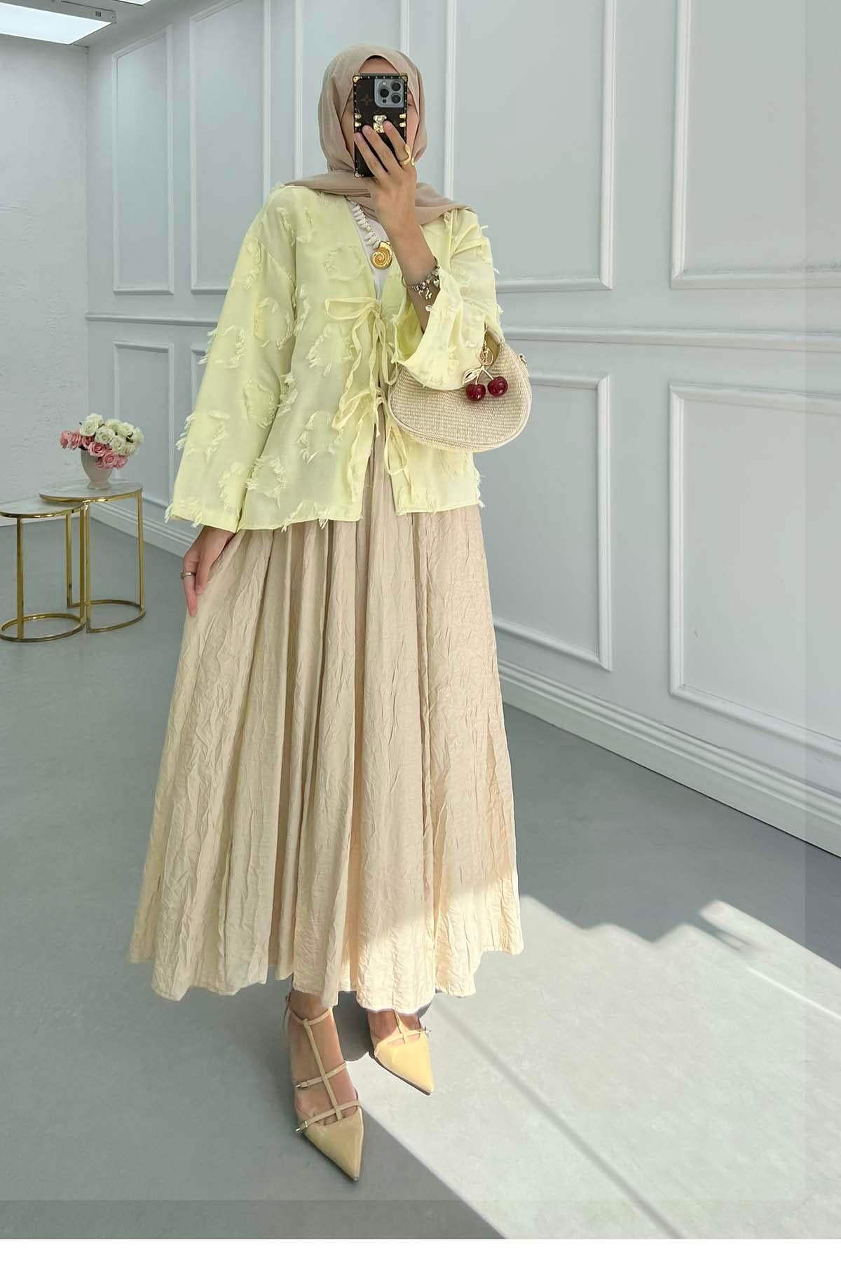 Püsküllü Bağlamalı Kimono Yağ Sarısı