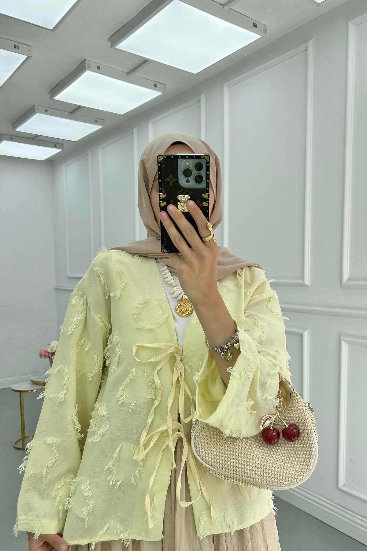 Püsküllü Bağlamalı Kimono Yağ Sarısı