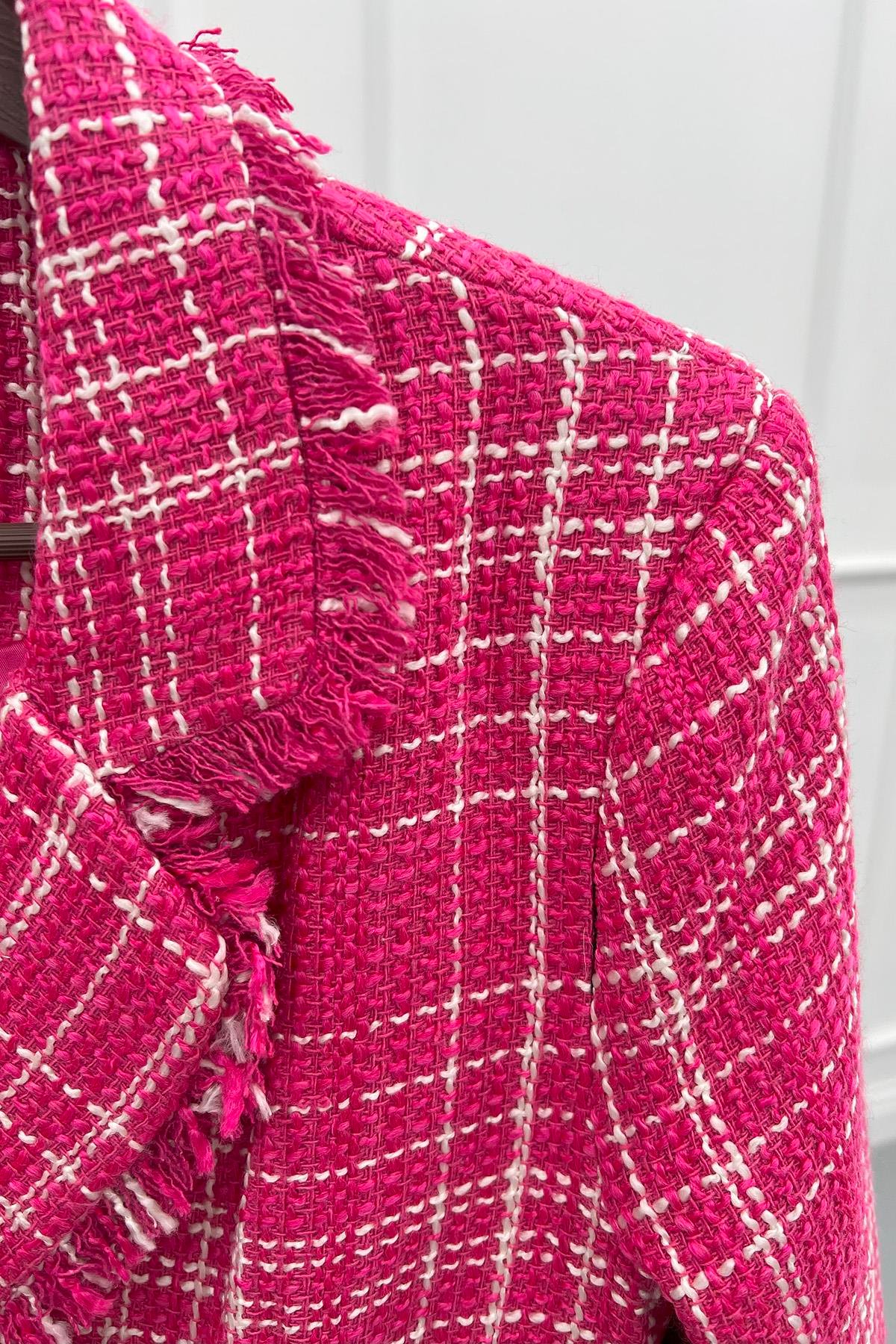 Püsküllü Ekose Ceket Pembe