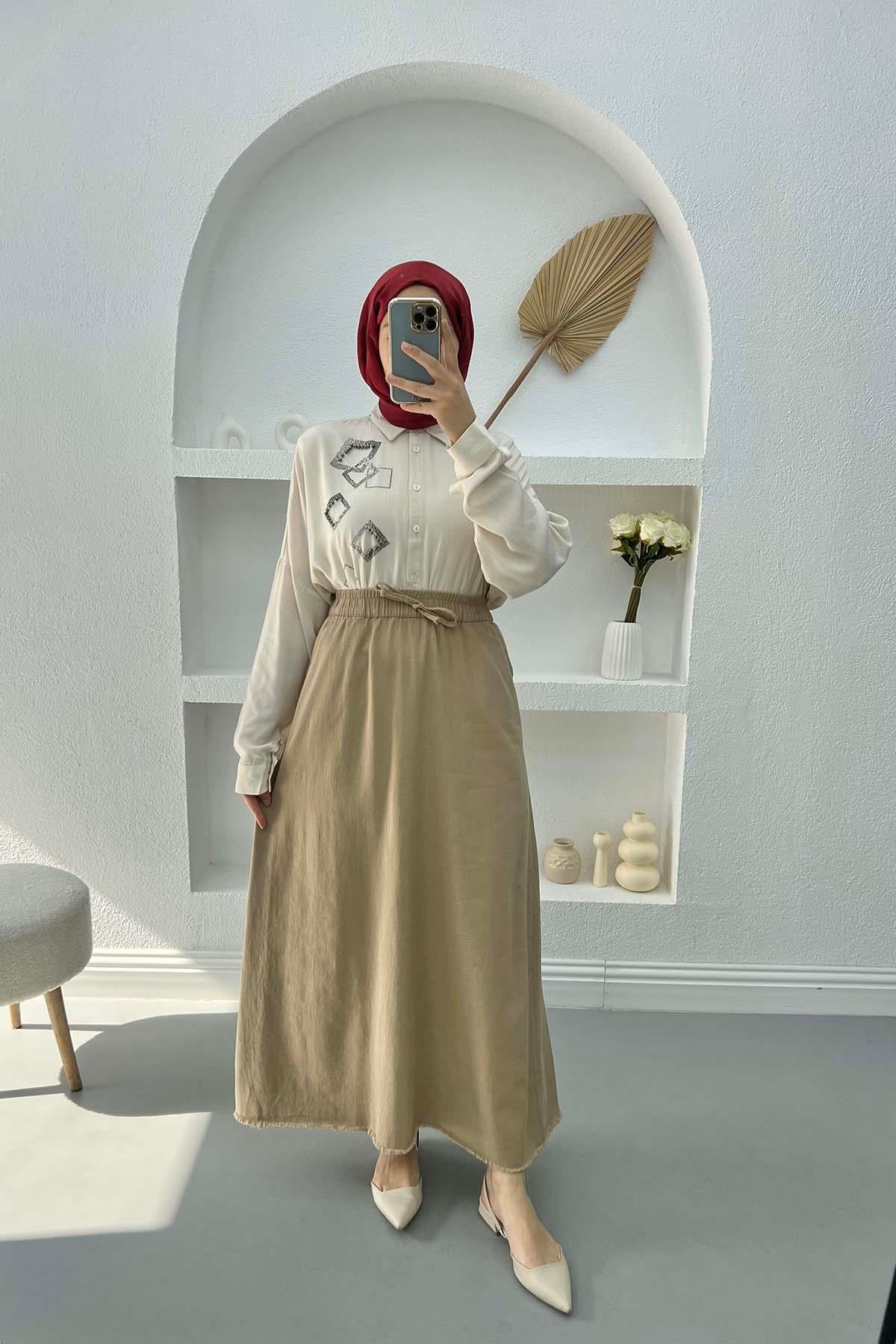 Püsküllü Kot Etek Bej