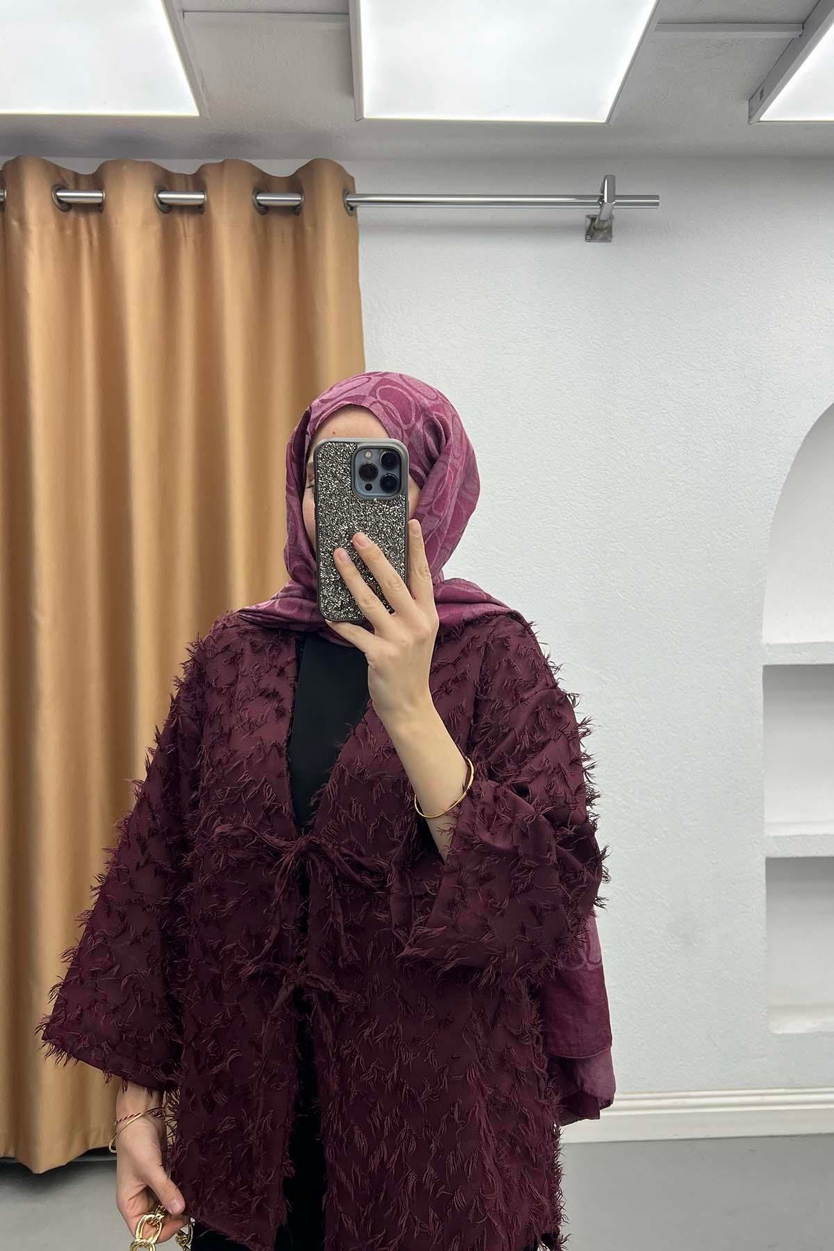 Püsküllü Önden Bağlamalı Aura Ceket Bordo