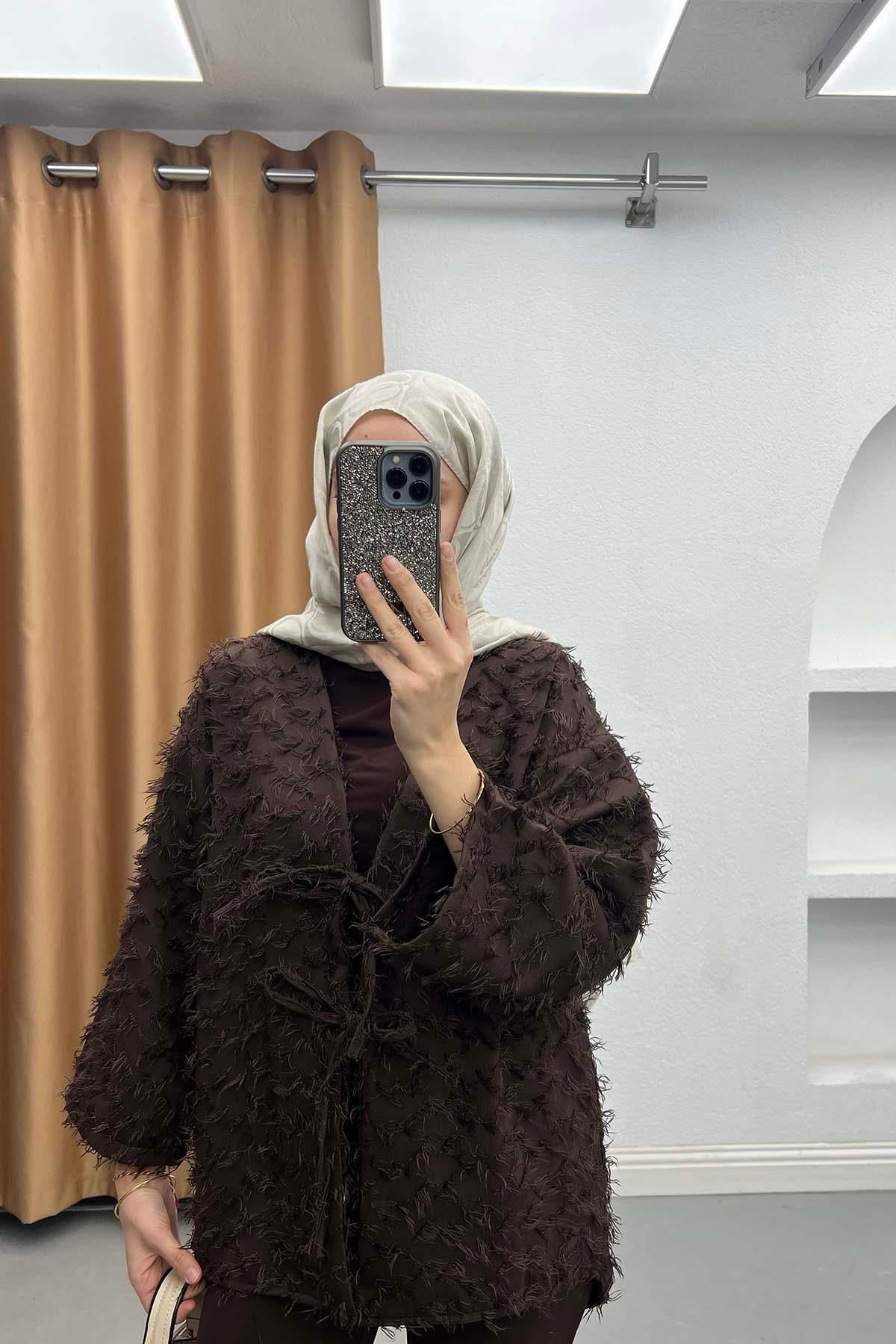 Püsküllü Önden Bağlamalı Aura Ceket Kahve