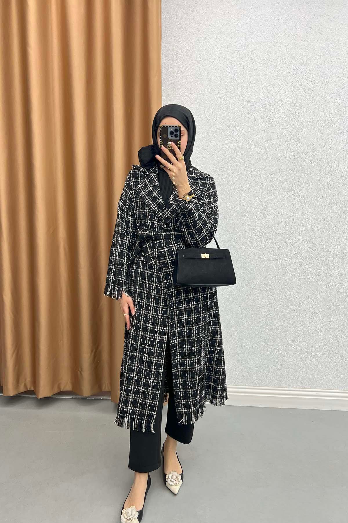 Püsküllü Tüvit Kimono Siyah