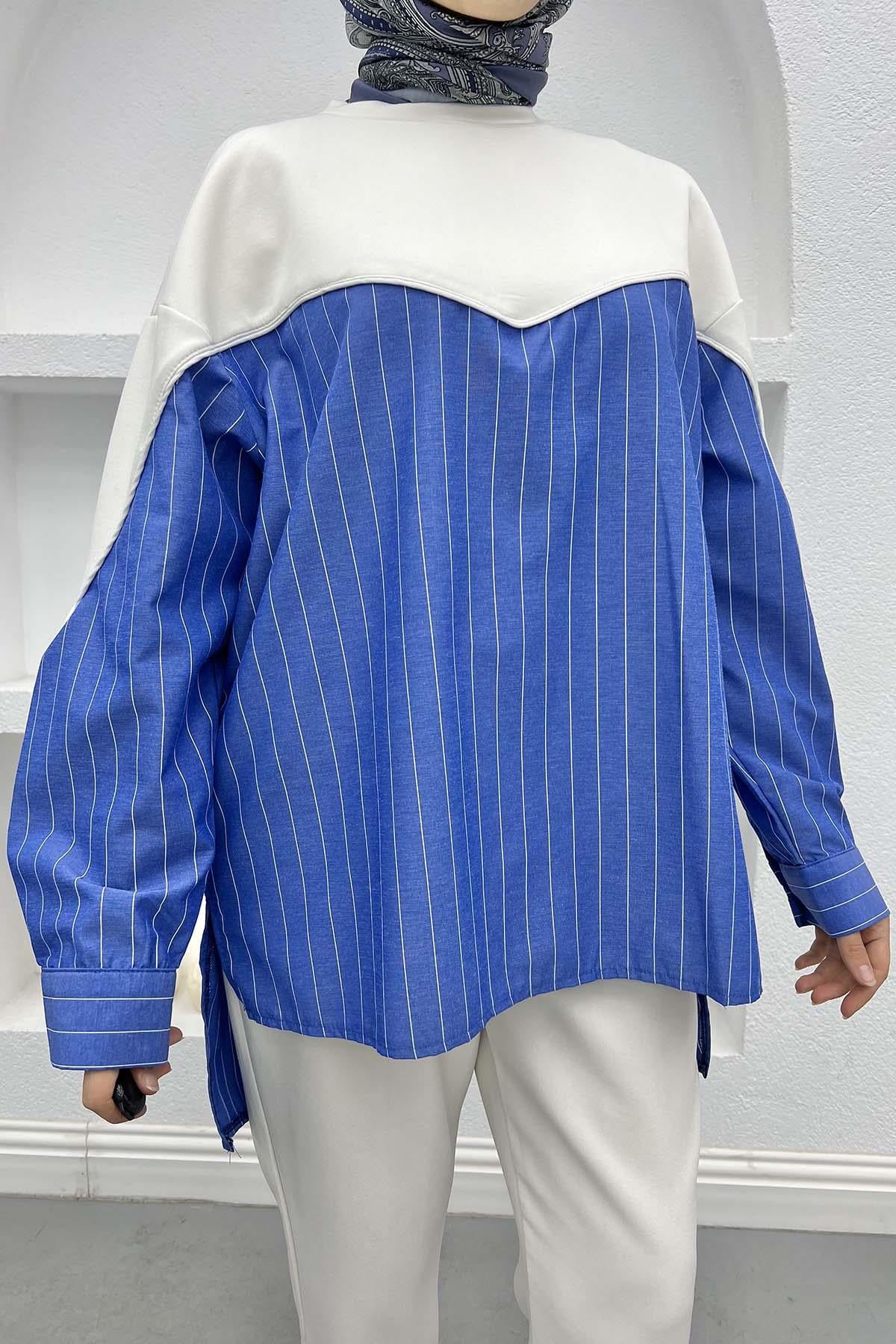 Renk Bloklu Çizgili Sweatshirt Krem