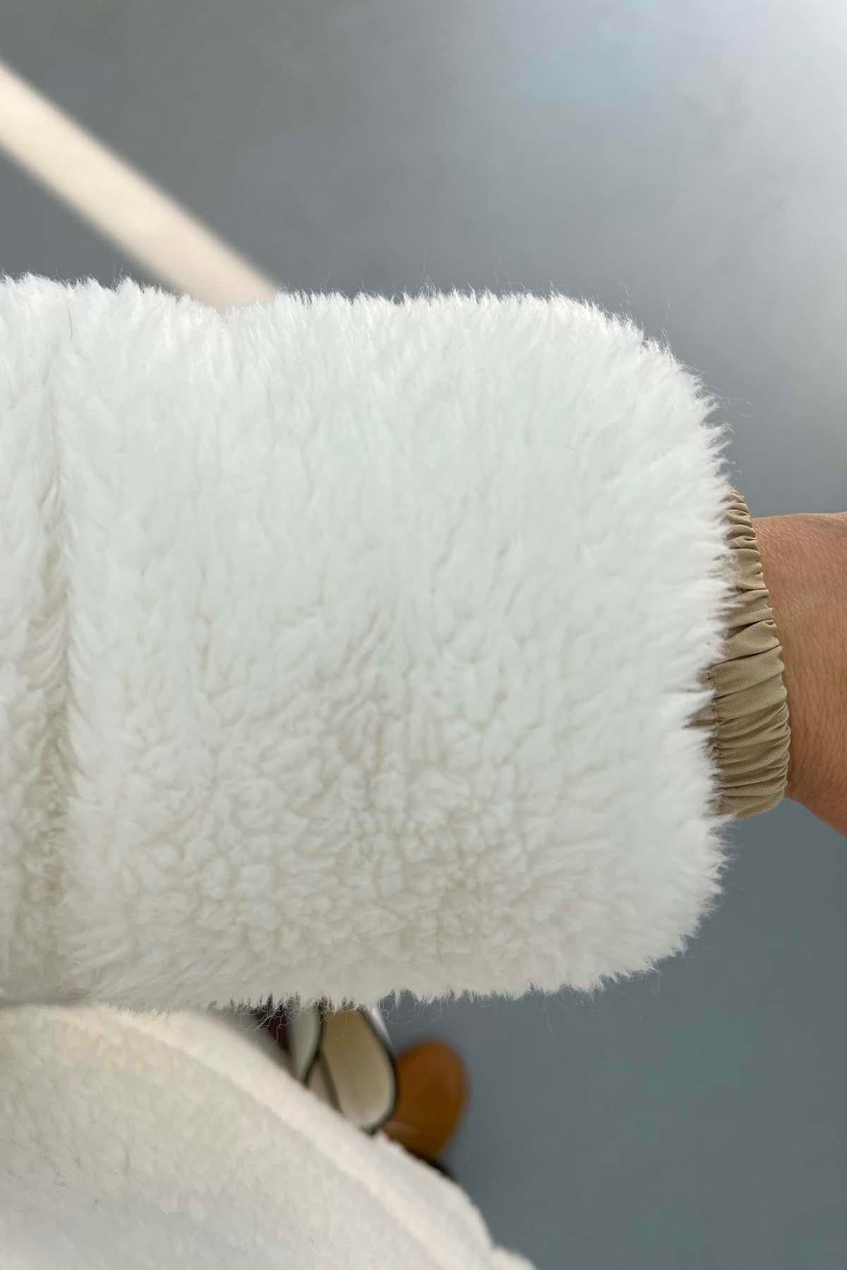 Renk Bloklu Peluş Mont Beyaz