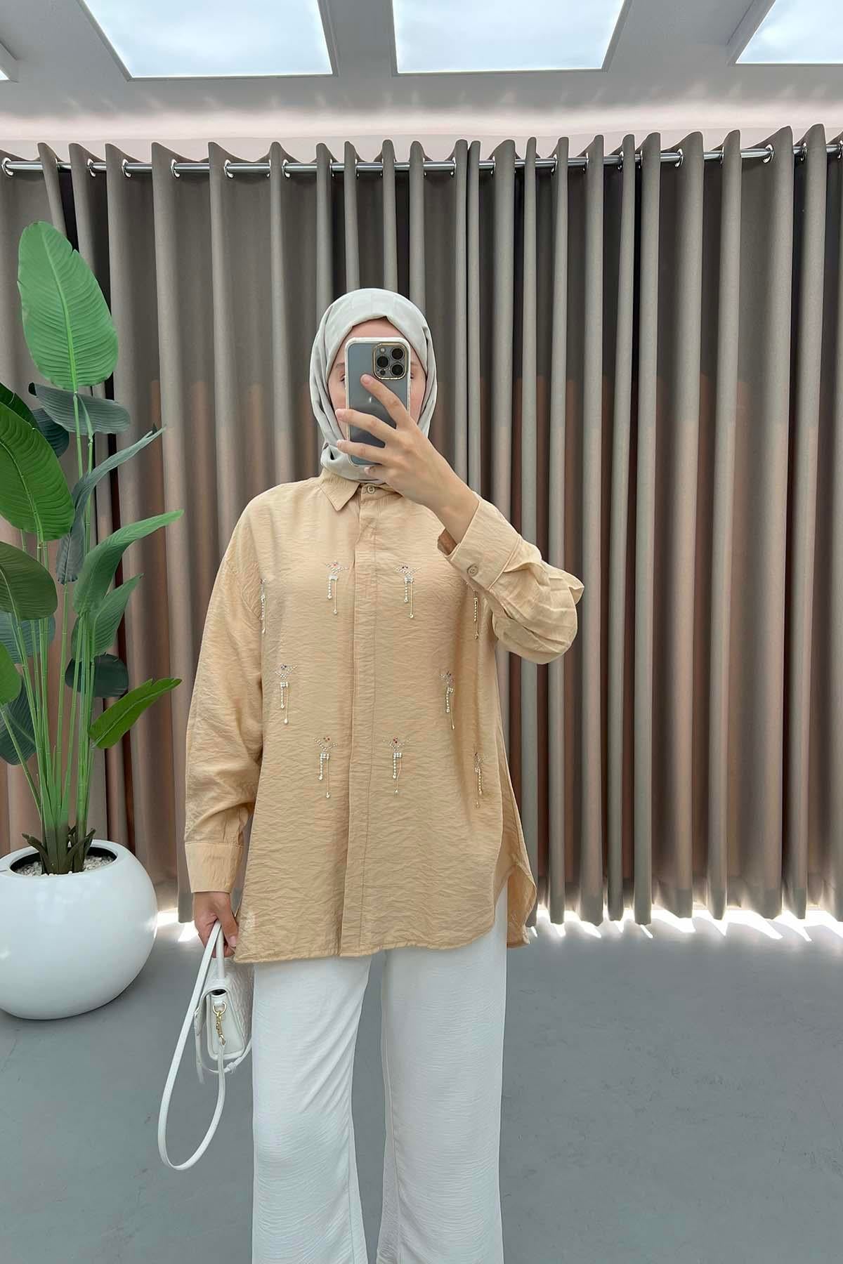 Renkli Taşlı Gömlek Camel