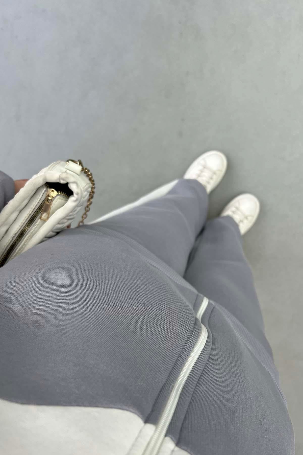 Retro Şeritli Fermuarlı Üç İplik Basic Takım Gri