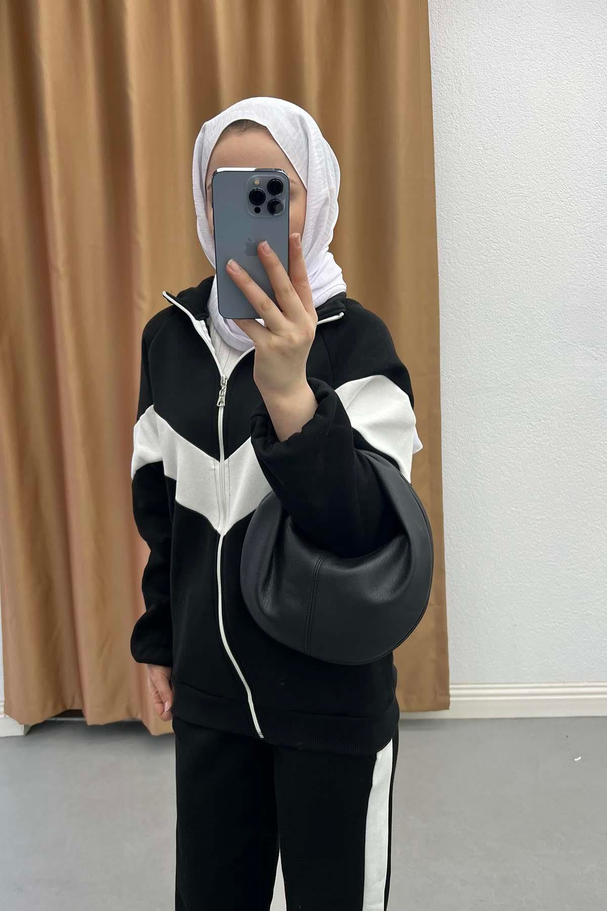 Retro Şeritli Fermuarlı Üç İplik Basic Takım Siyah