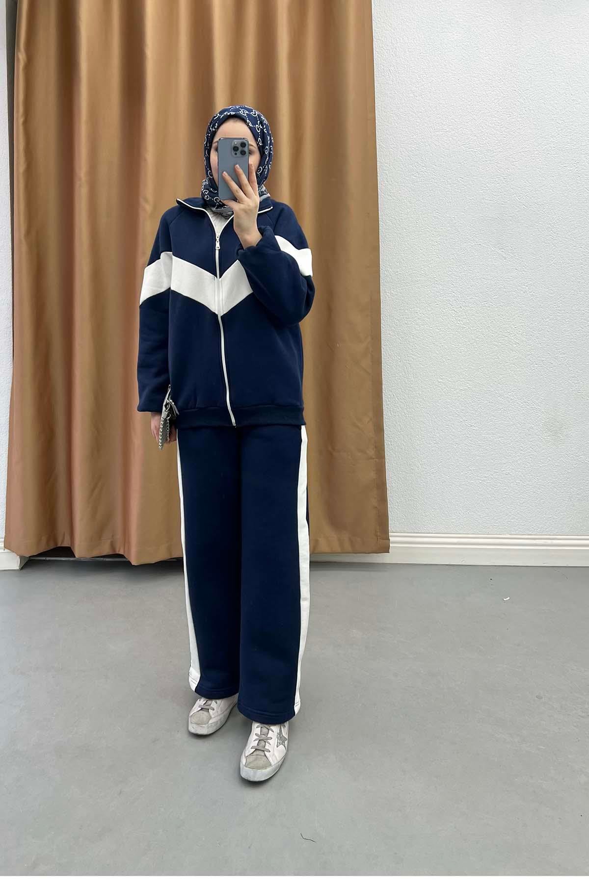 Retro Şeritli Fermuarlı Üç İplik Basic Takım Lacivert