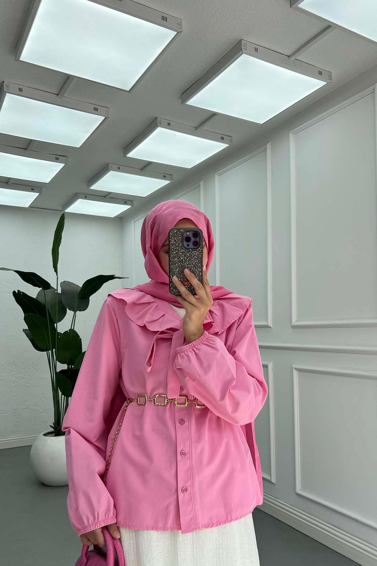Retro Yaka Tasarımlı Gömlek Pembe