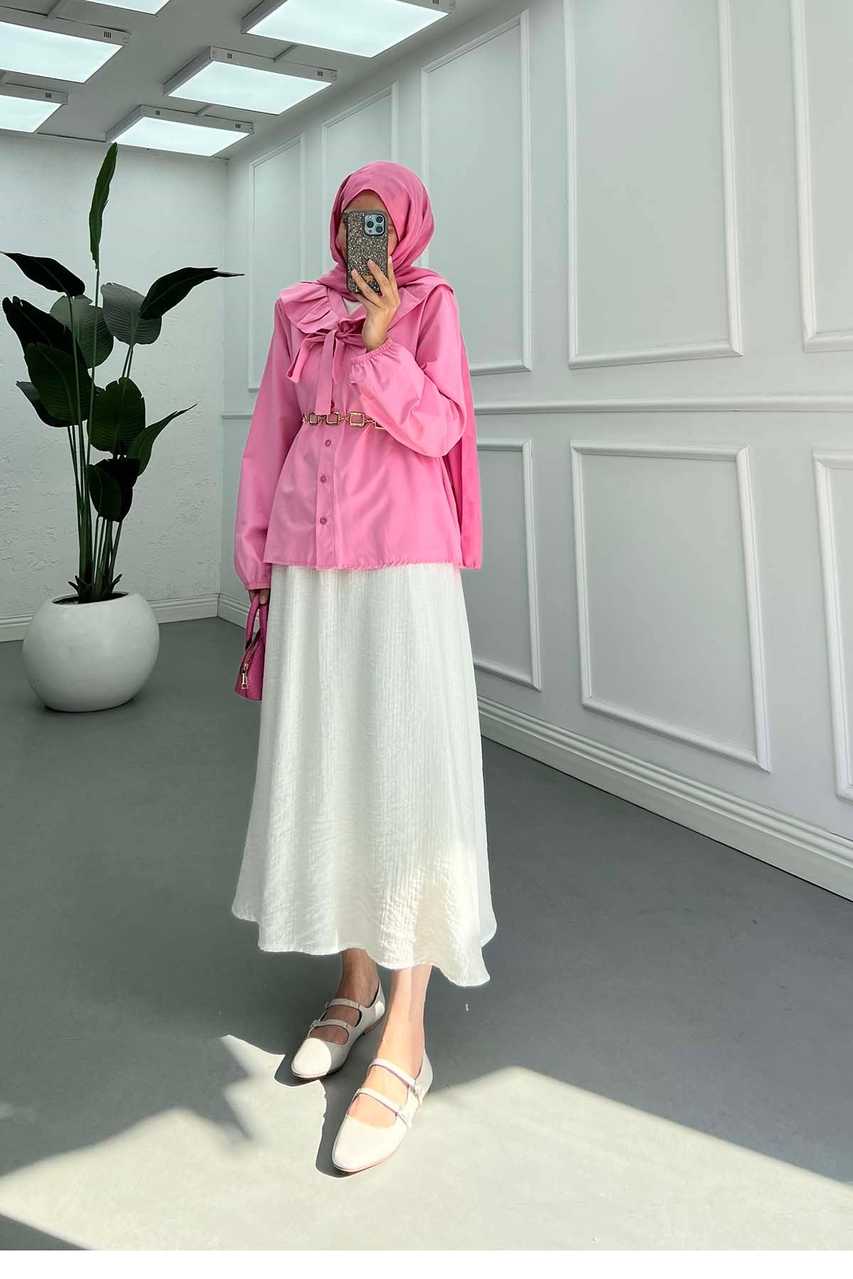 Retro Yaka Tasarımlı Gömlek Pembe