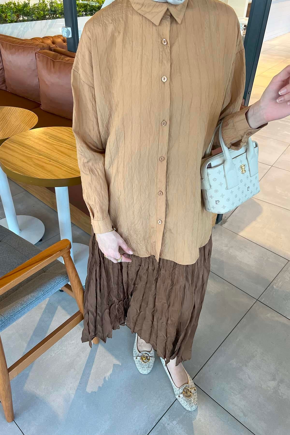 Robalı Çizgili Viskon Gömlek Camel