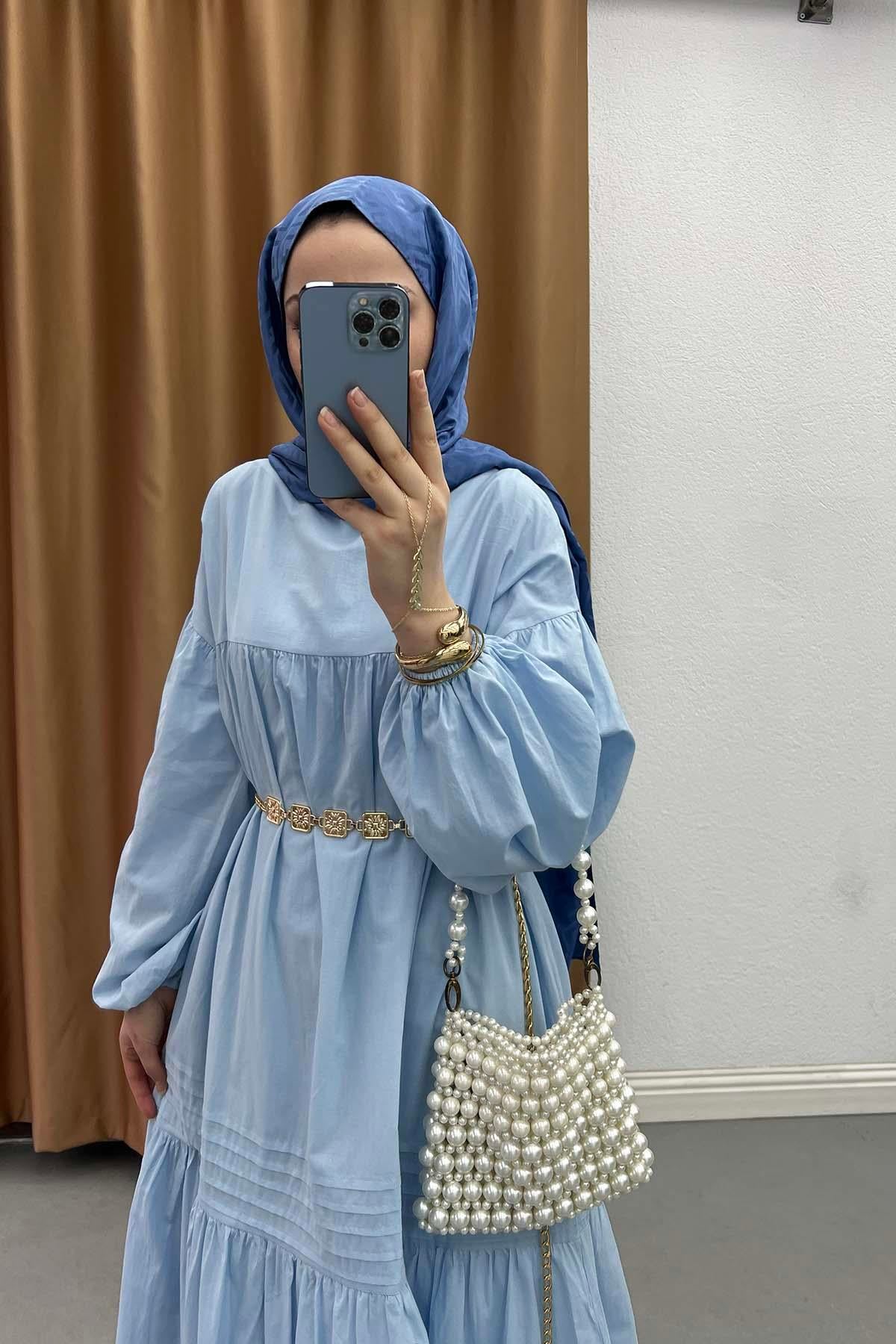 Robalı Volanlı Kemerli Bohem Elbise Bebe Mavi