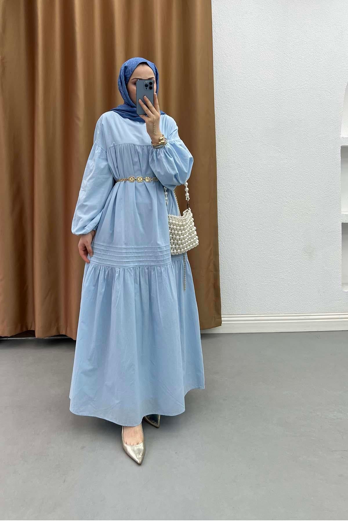 Robalı Volanlı Kemerli Bohem Elbise Bebe Mavi