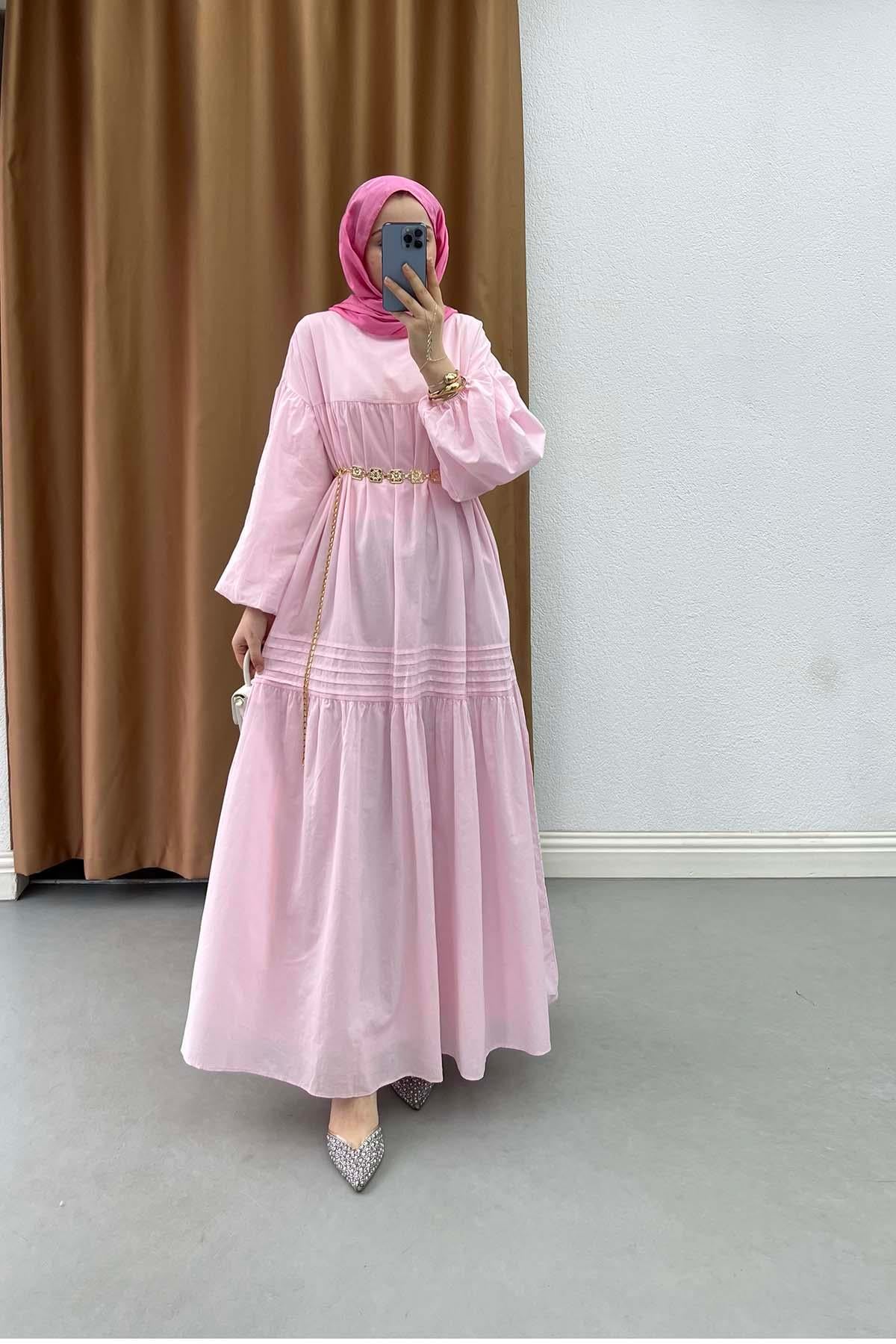 Robalı Volanlı Kemerli Bohem Elbise Pembe