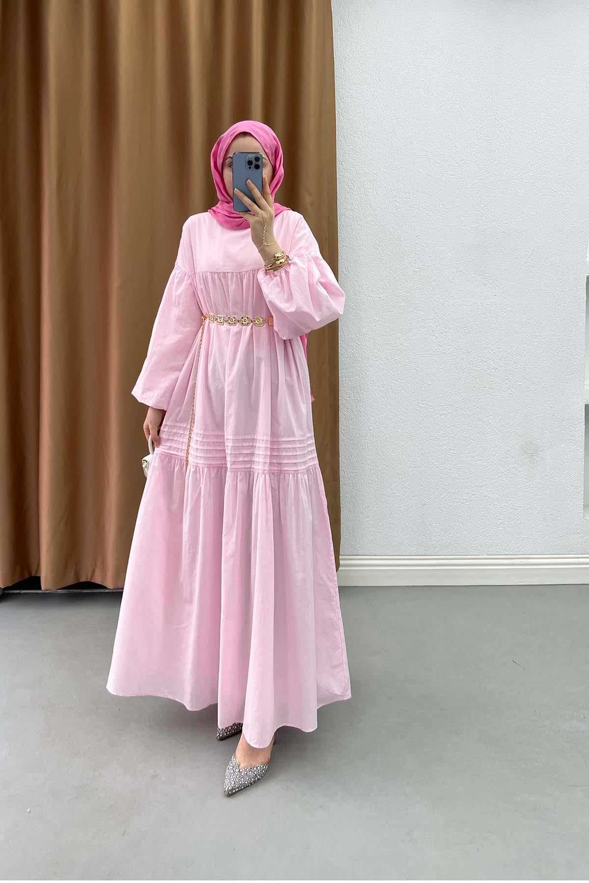 Robalı Volanlı Kemerli Bohem Elbise Pembe