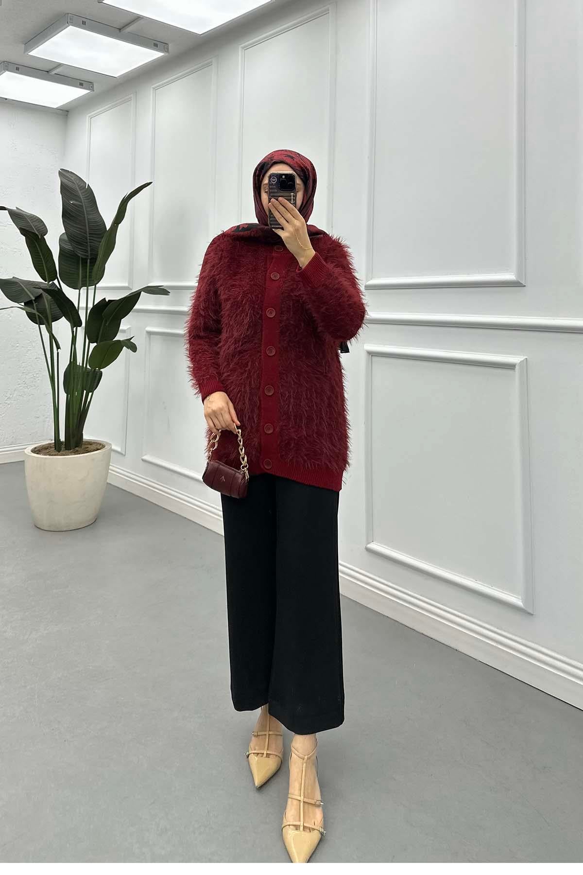 Sakallı Triko Hırka Bordo