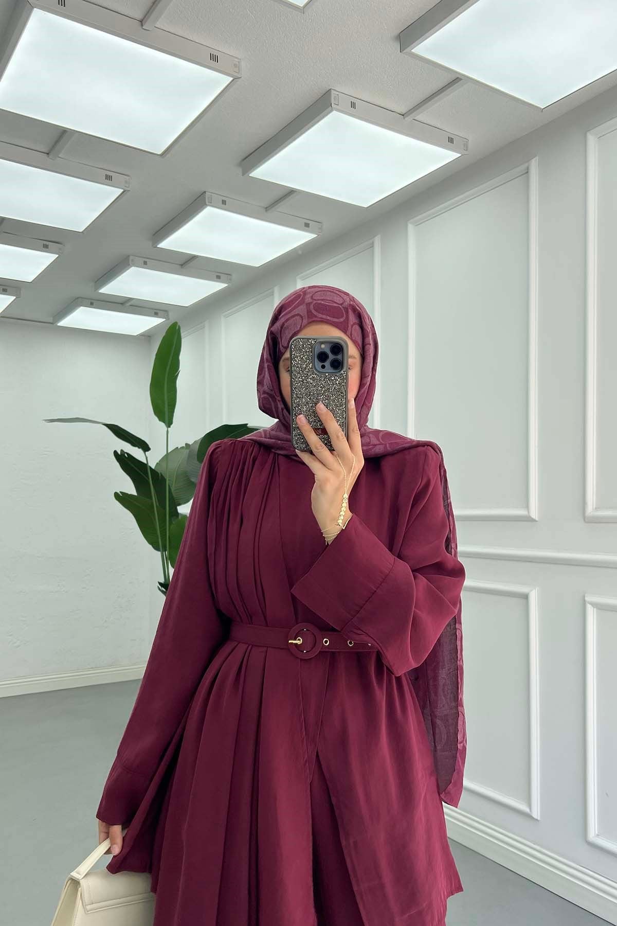 Şal Detaylı Hakim Yaka Kemerli Modal Takım Bordo