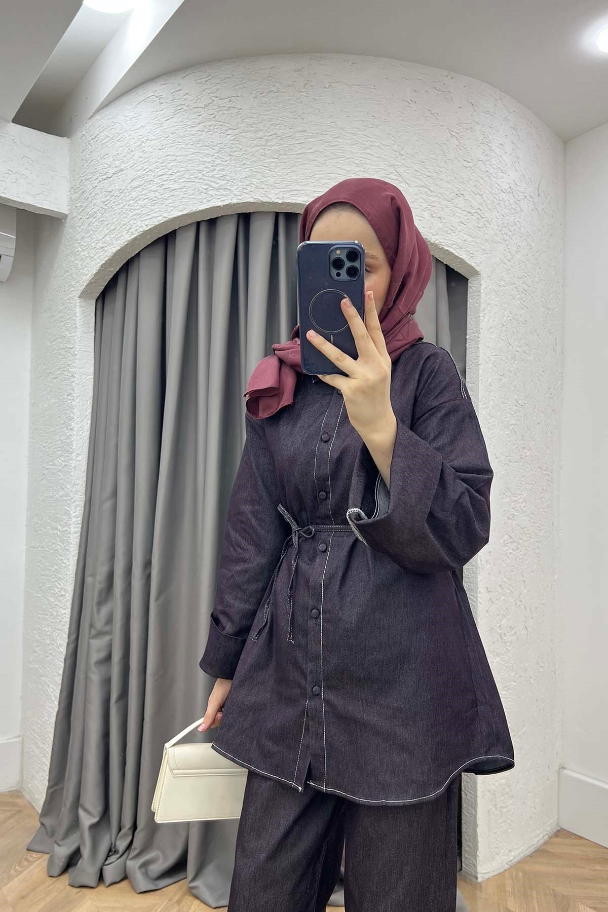 Salaş Kol Bel Bağlamal Pantalonluı Kot Takım Mürdüm