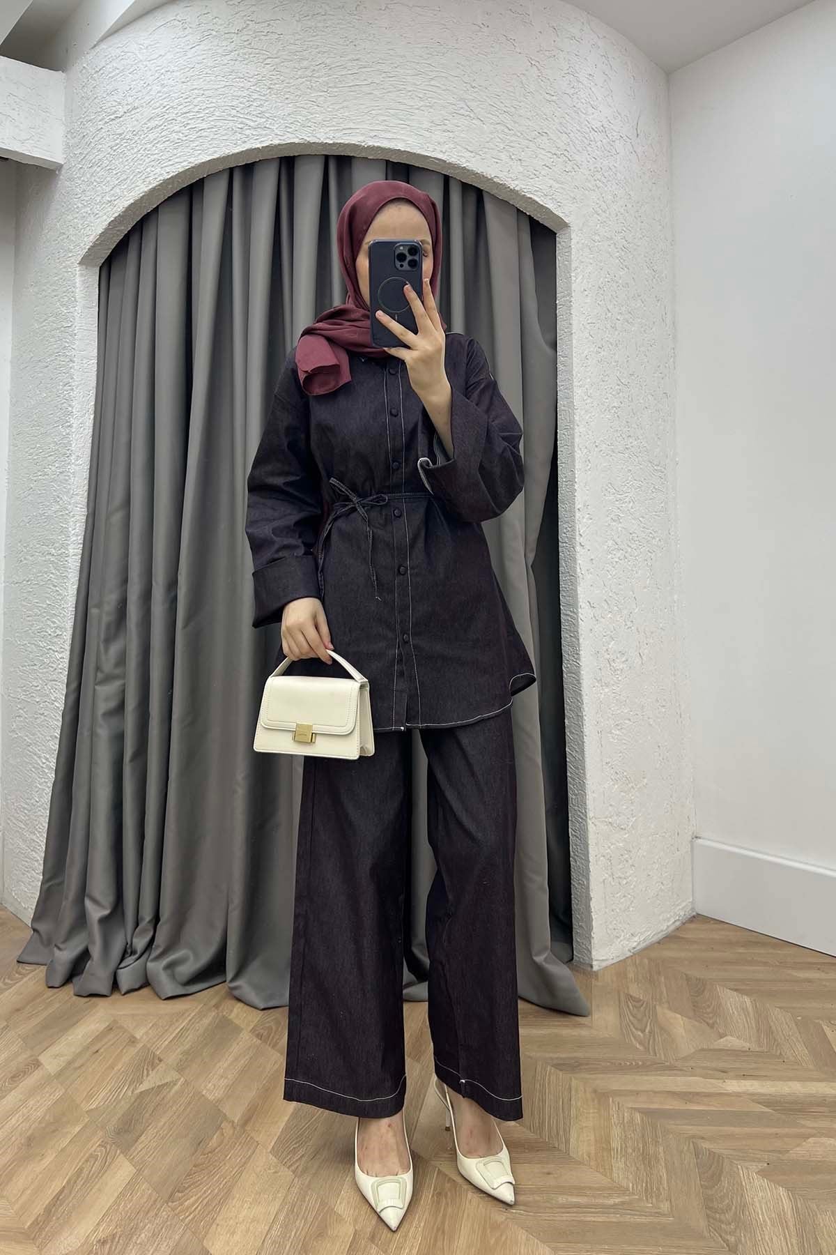 Salaş Kol Bel Bağlamal Pantalonluı Kot Takım Mürdüm