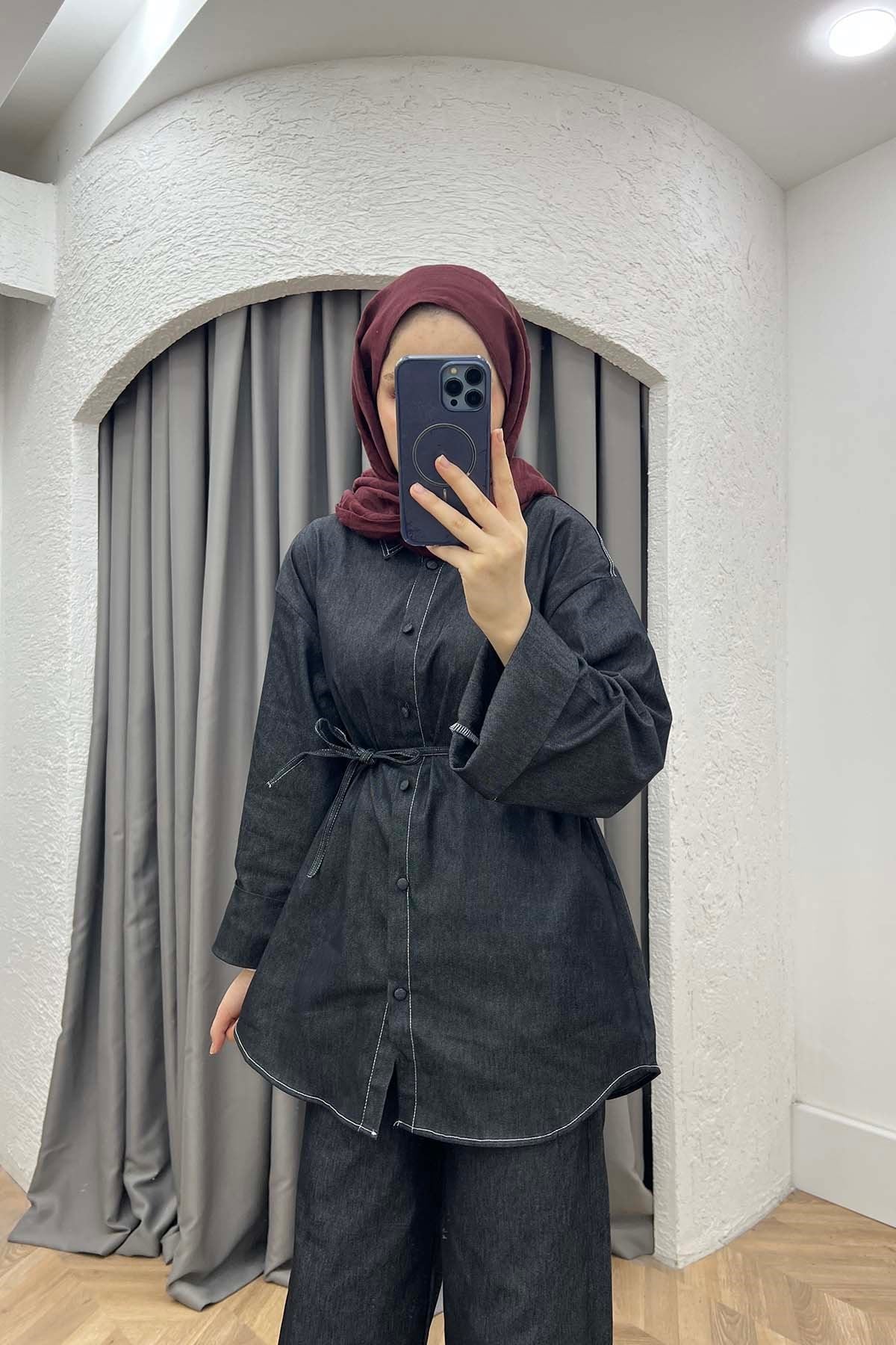 Salaş Kol Bel Bağlamal Pantalonluı Kot Takım Siyah
