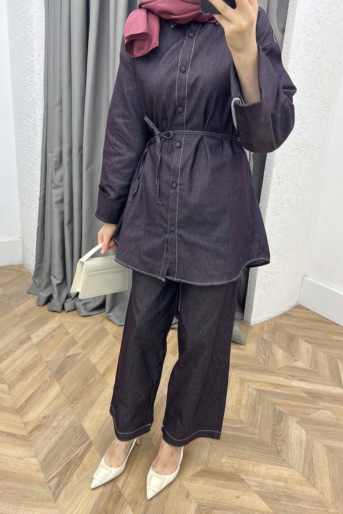 Salaş Kol Bel Bağlamal Pantalonluı Kot Takım Mürdüm