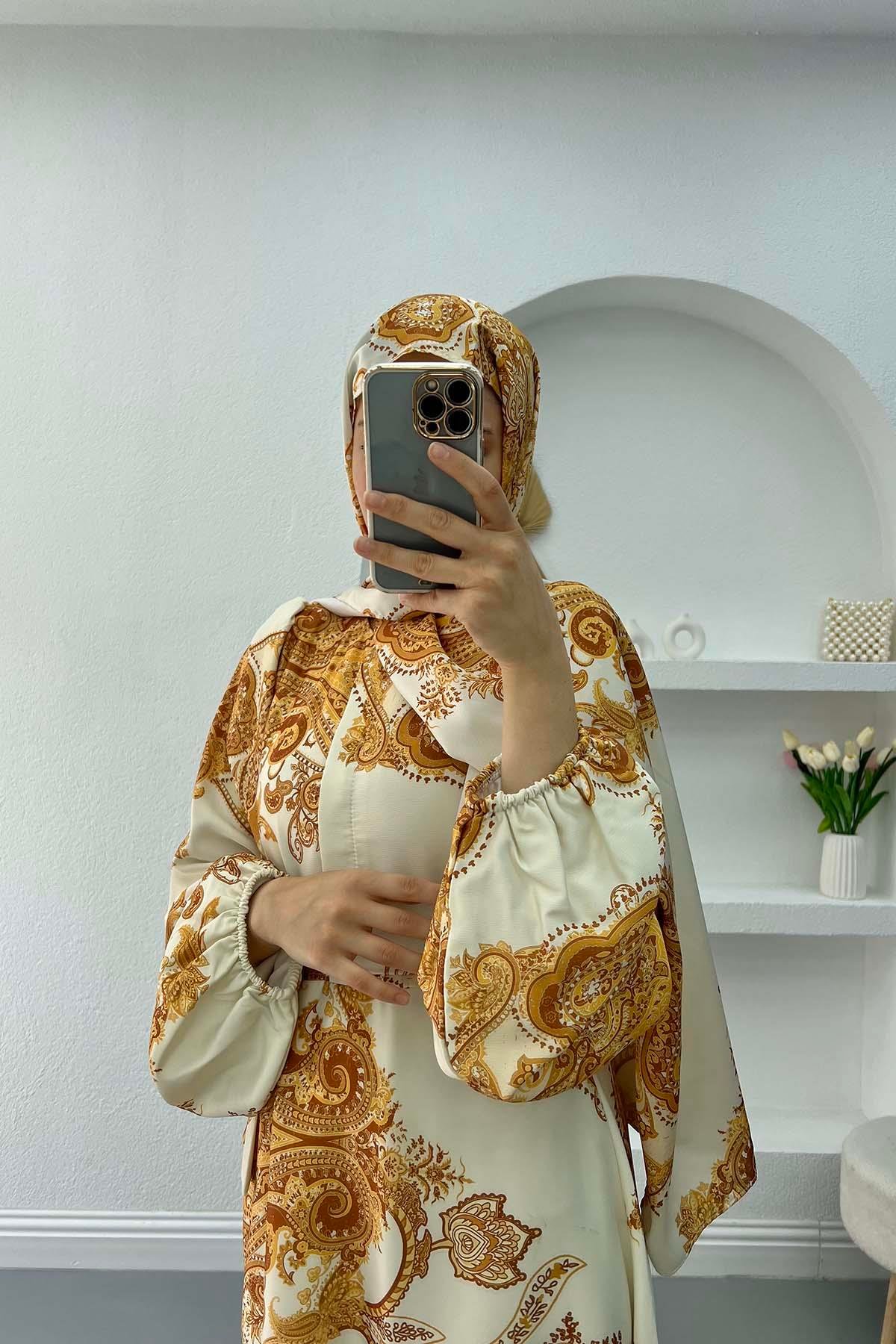 Şallı Desenli Elbise Altın