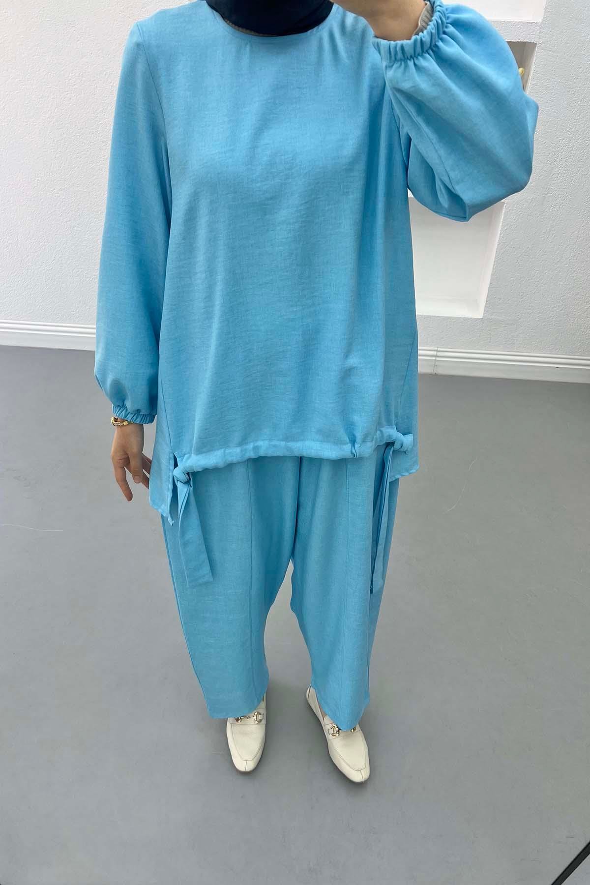 Şalvar Model Büzgülü Takım Mavi