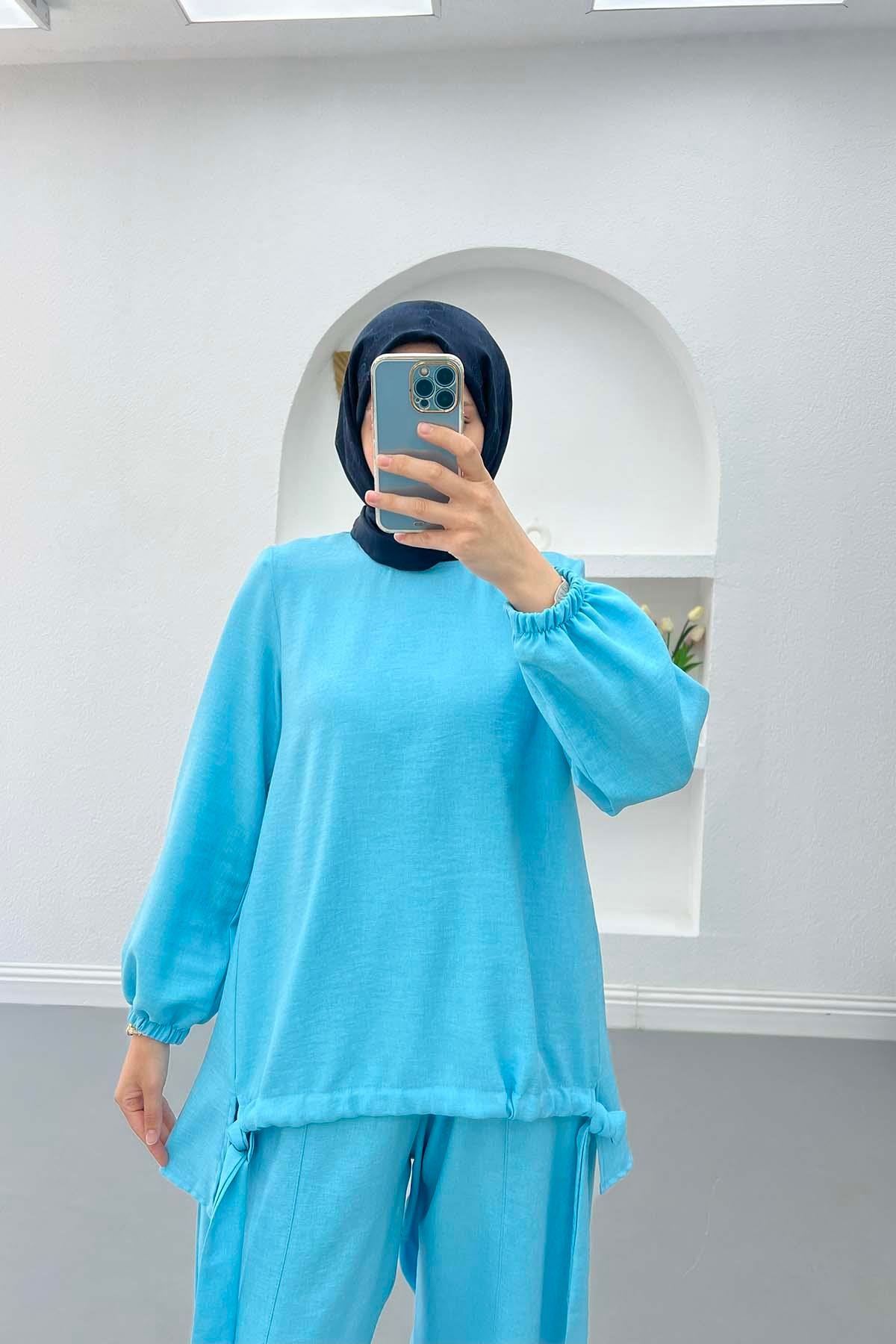 Şalvar Model Büzgülü Takım Mavi