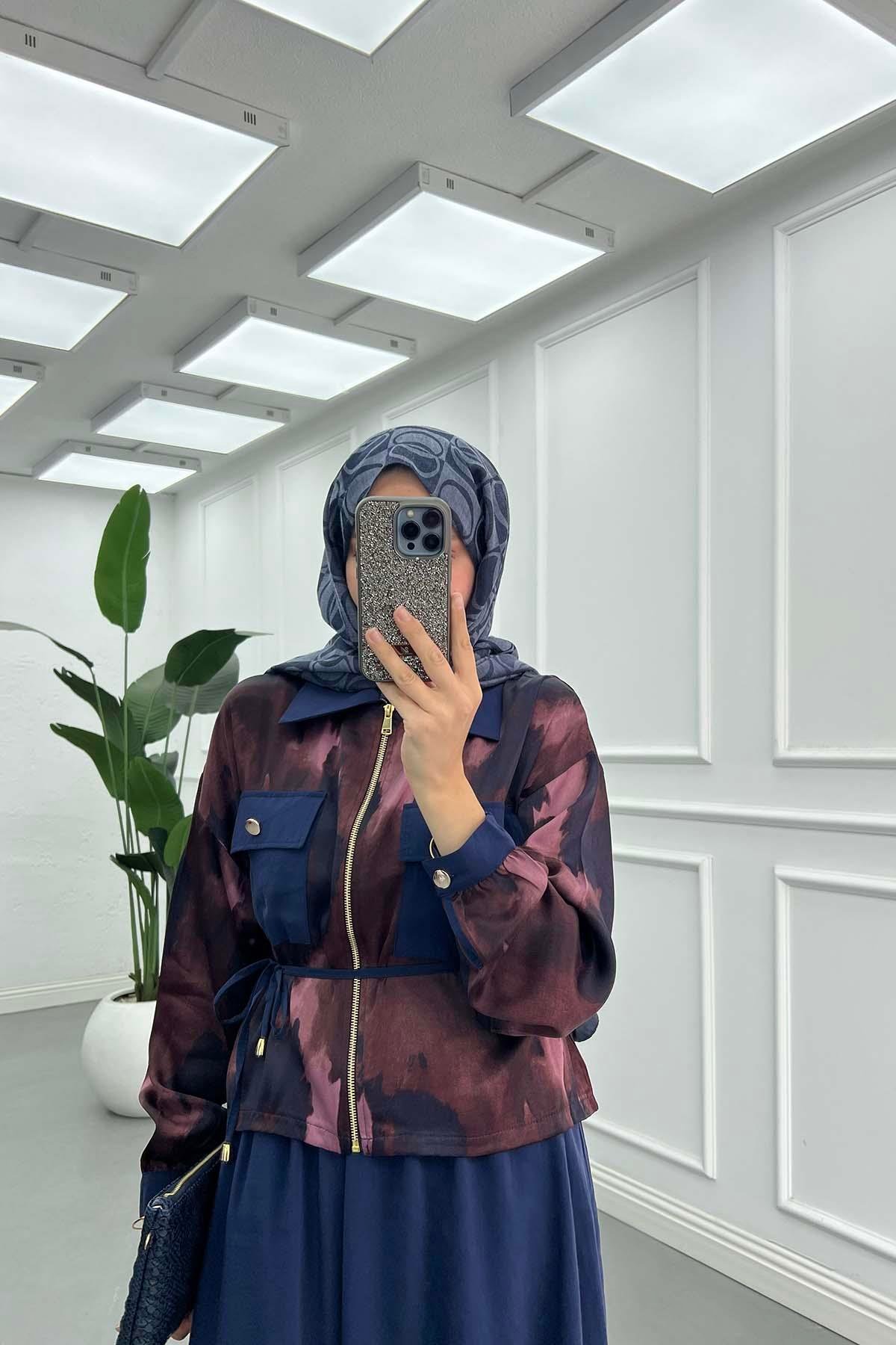 Sanatsal Stil Fermuarlı Saten Takım Mürdüm