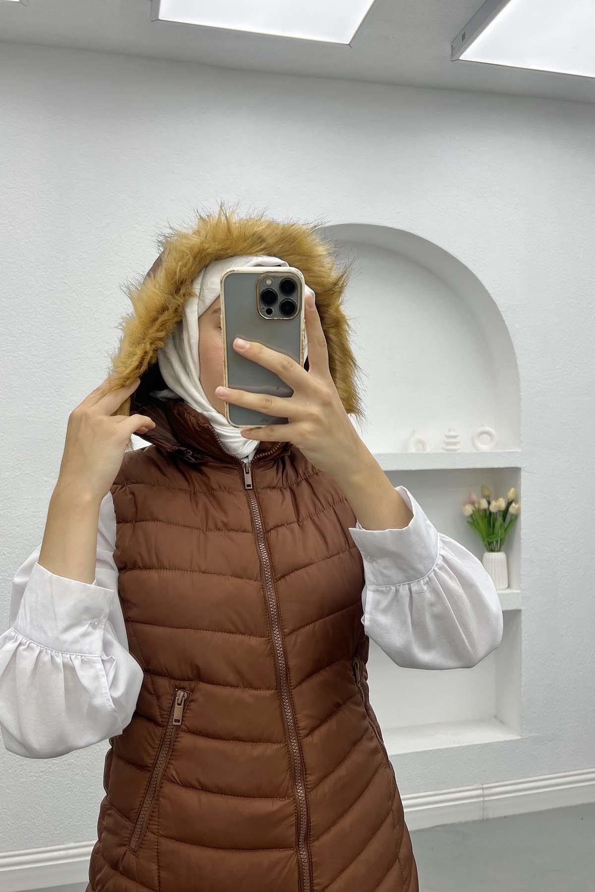 Şapkası Tüylü Şişme Yelek Acı Kahve