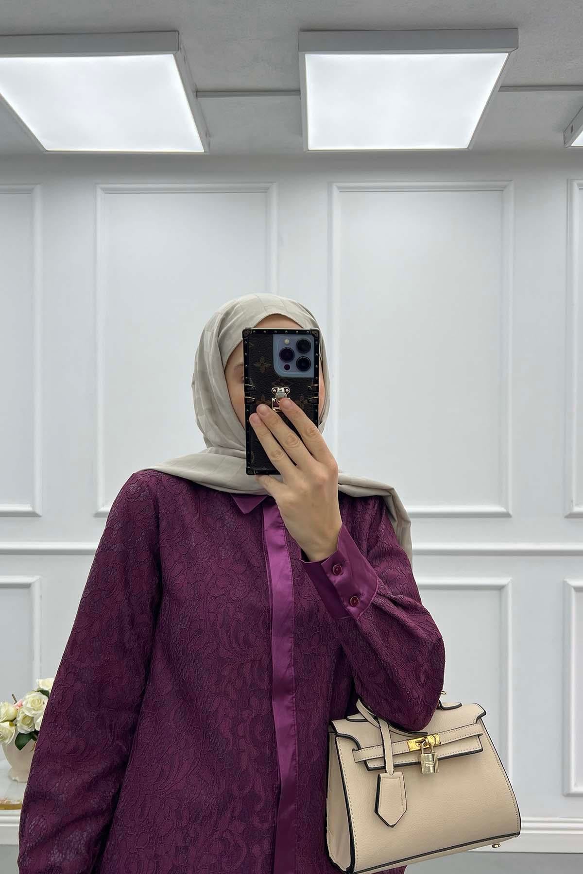 Saten Detaylı Kendinden Desenli Etekli Takım Mürdüm