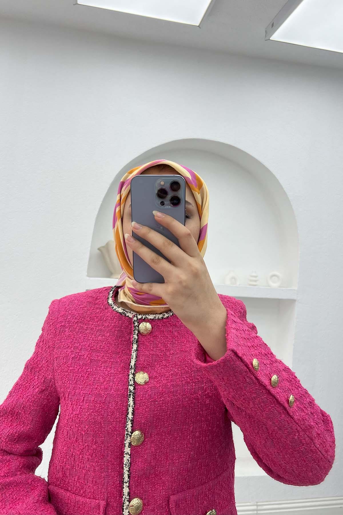 Şerit Detaylı Ceket Fuşya