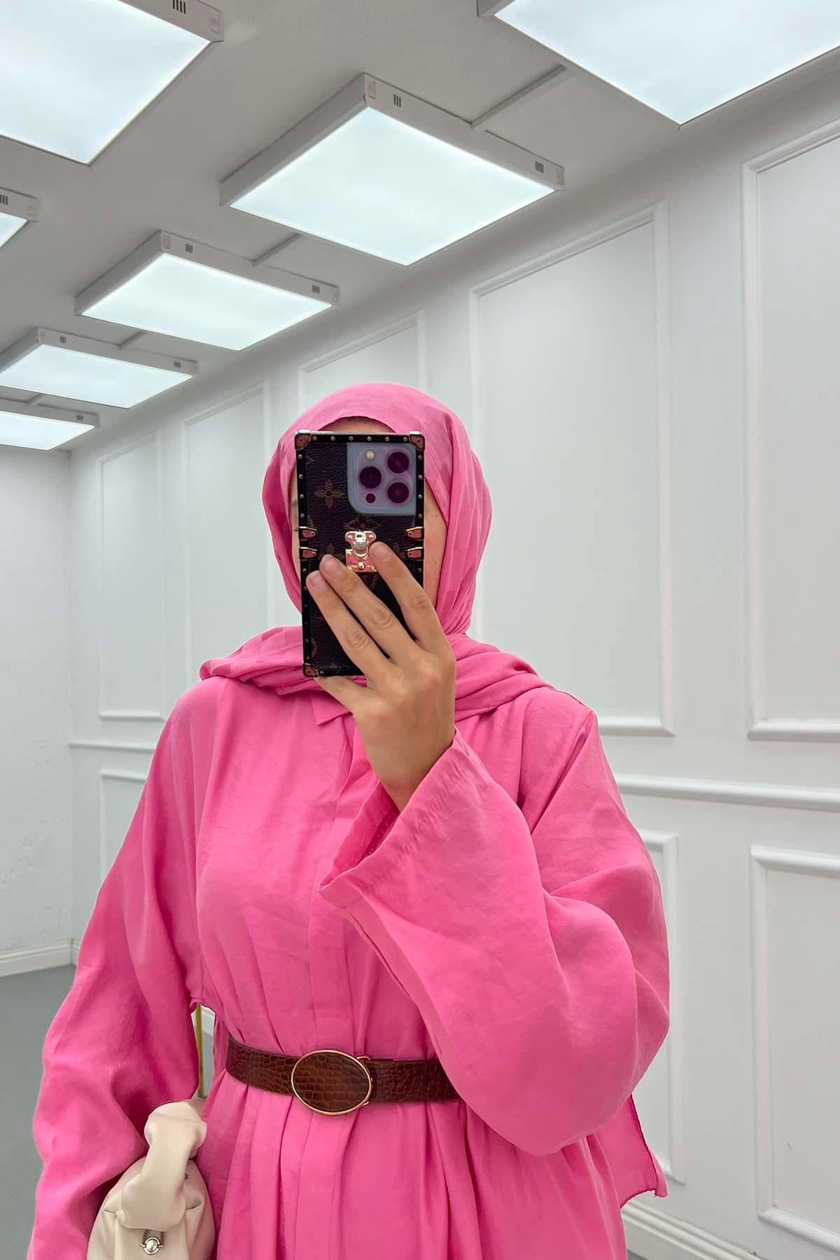 Seyyar Kemerli Gömlek Elbise Pembe