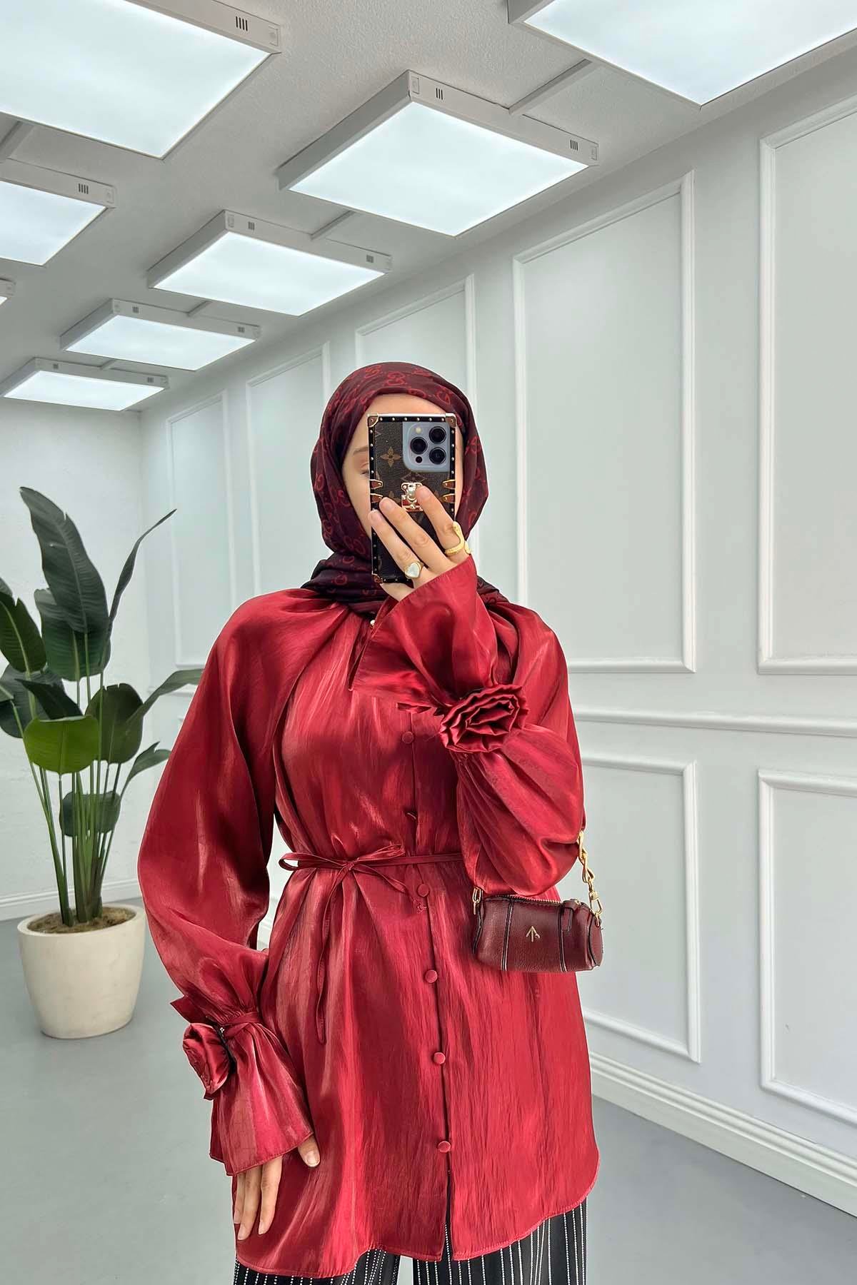 Seyyar Kemerli Parlak Gömlek Bordo