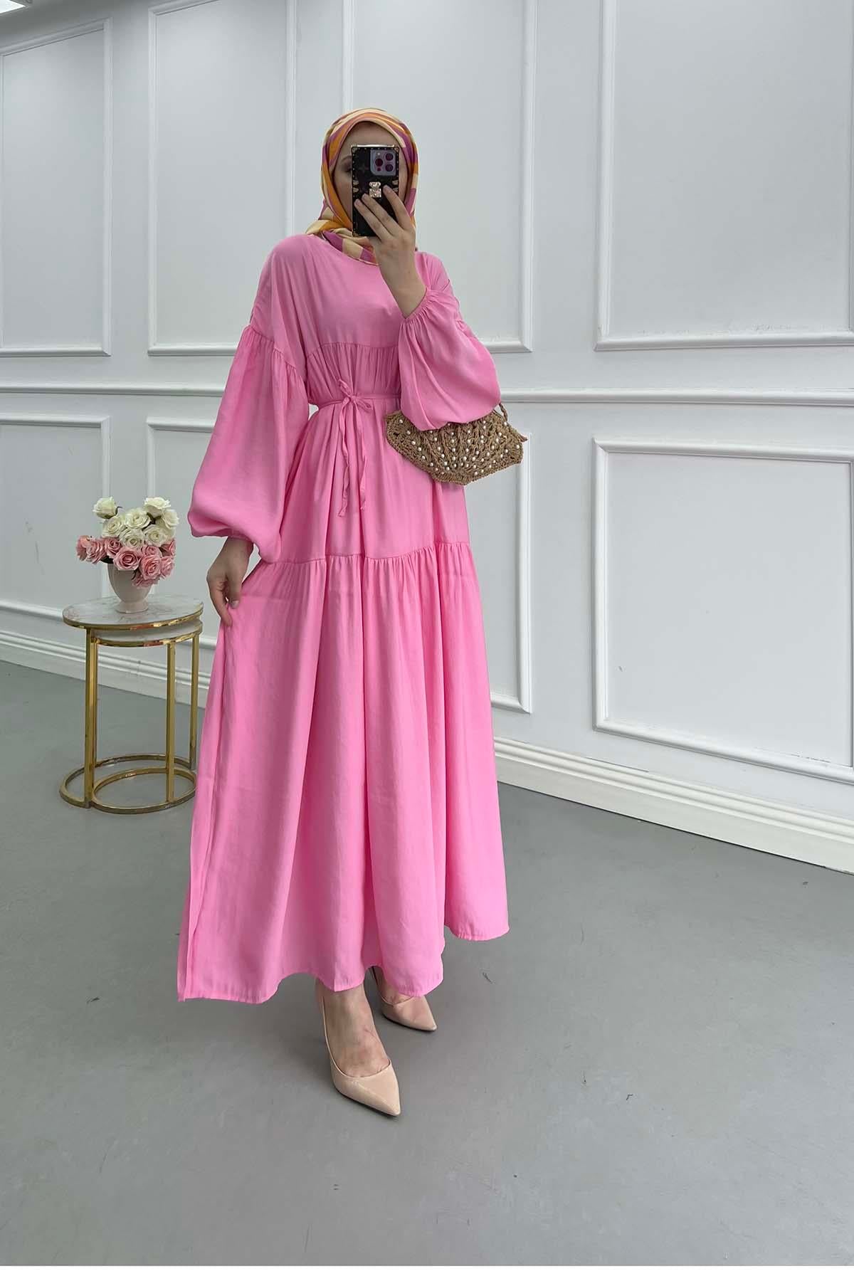 Seyyar Kuşaklı Elbise Pembe
