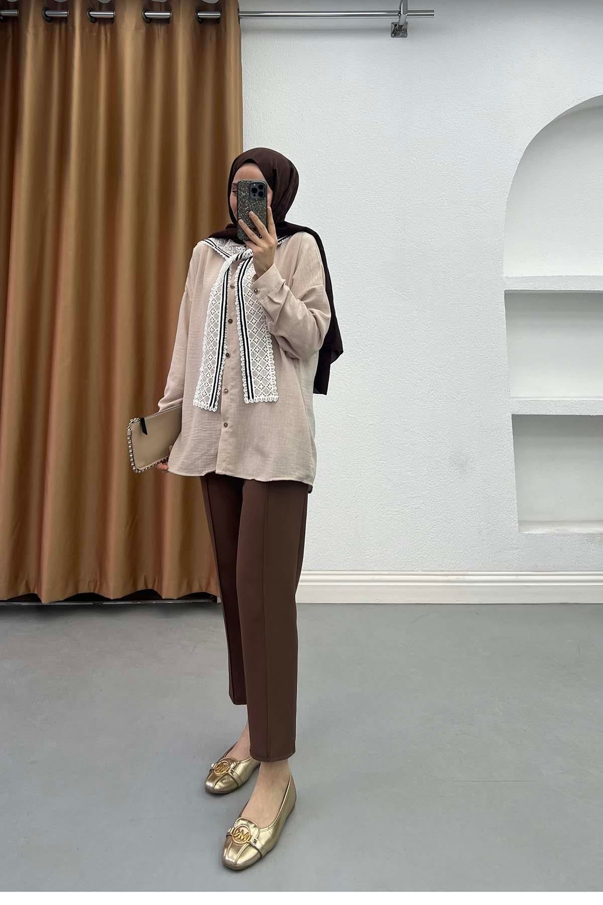Seyyar Vintage Fularlı Keten Gömlek Taş