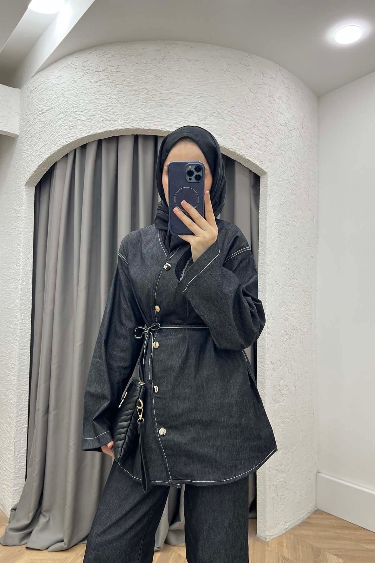 Simetrik Tasarım Kemerli Pantalonlu Kot Takım Siyah