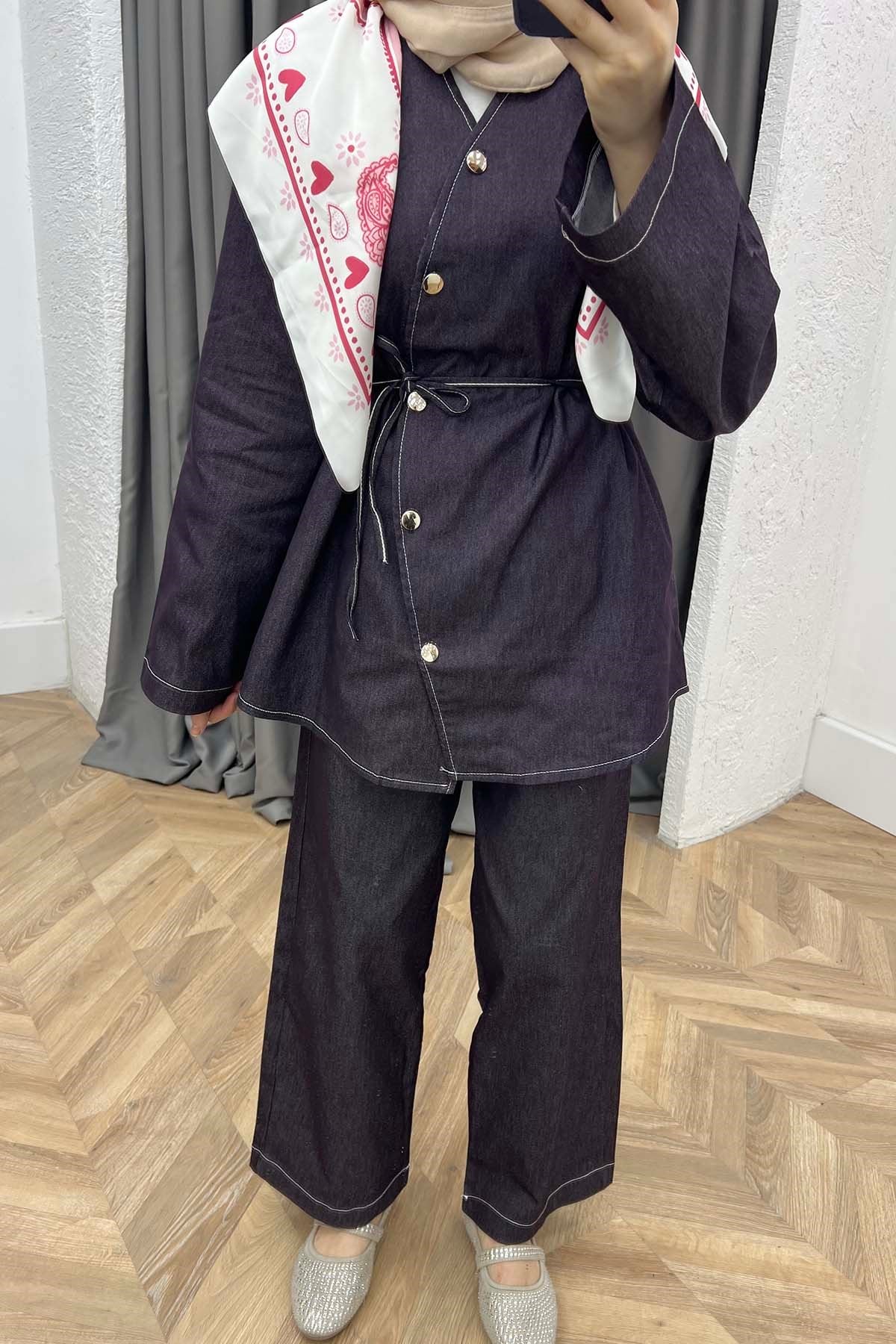 Simetrik Tasarım Kemerli Pantalonlu Kot Takım Mürdüm