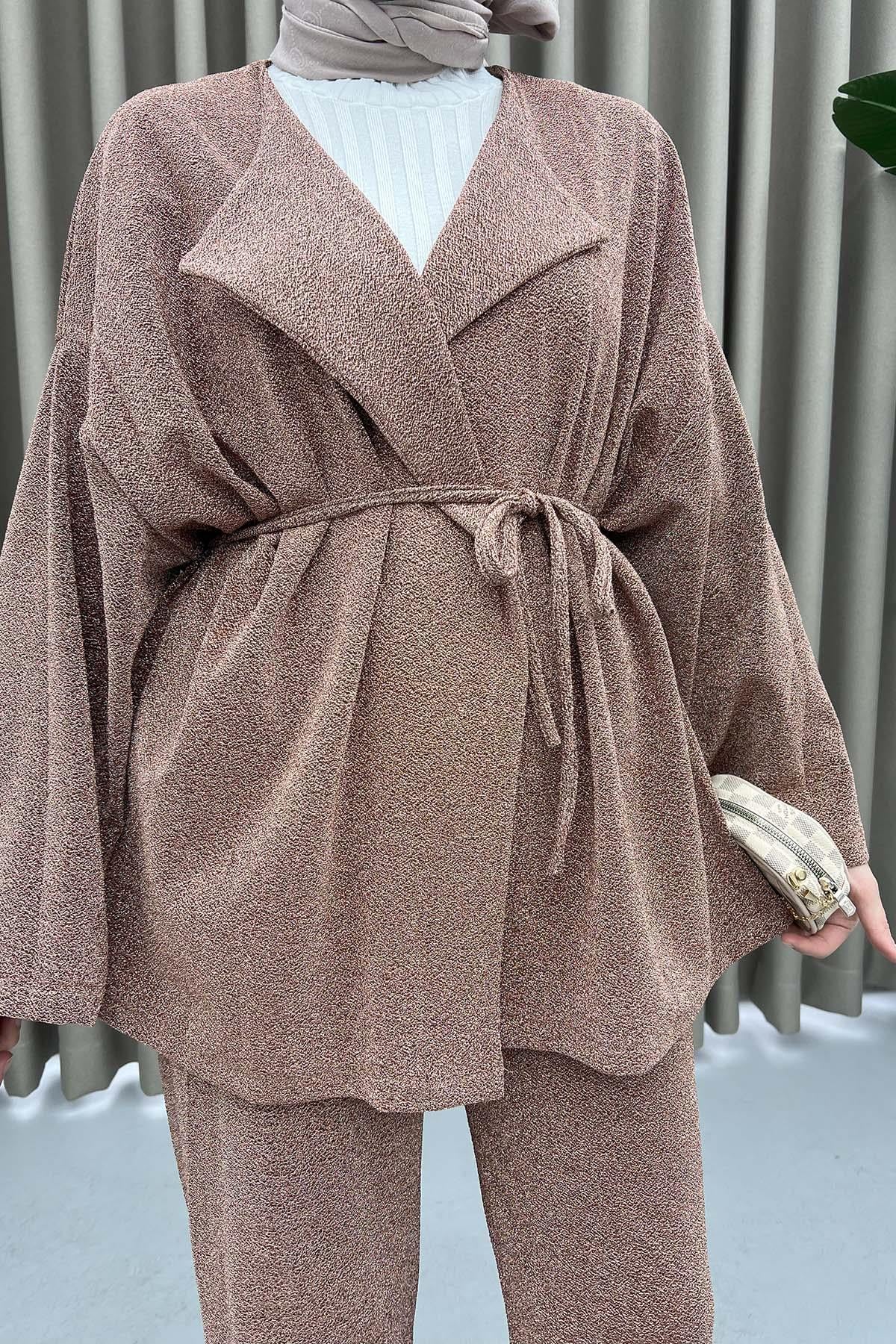 Simli Kimono Takım Sütlü Kahve