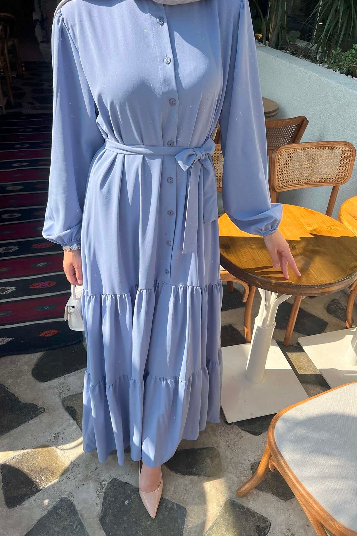 Simli Kuşaklı Düğmeli Elbise Bebe Mavi