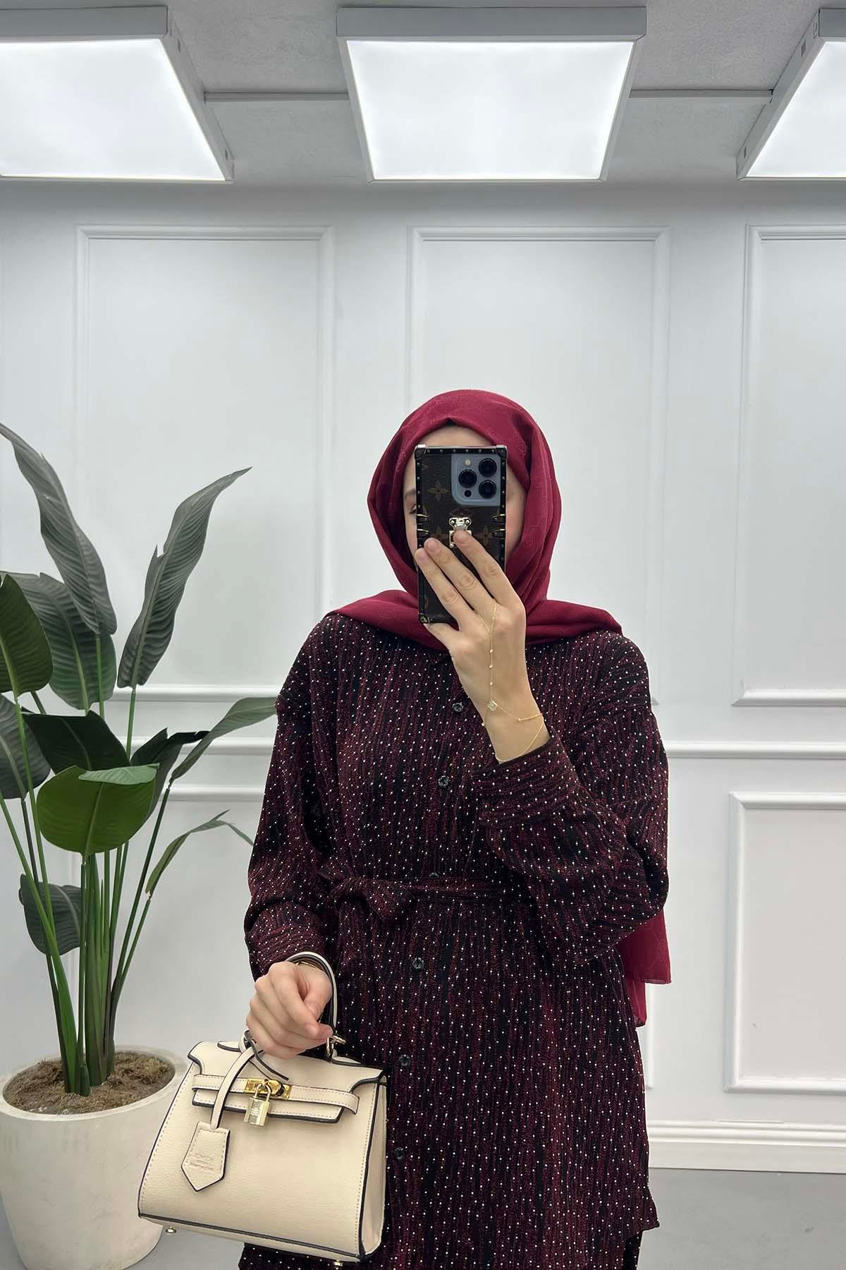 Simli Taşlı Pantolon Takım Bordo