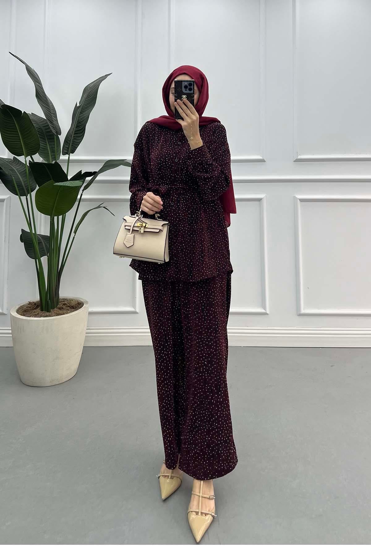 Simli Taşlı Pantolon Takım Bordo