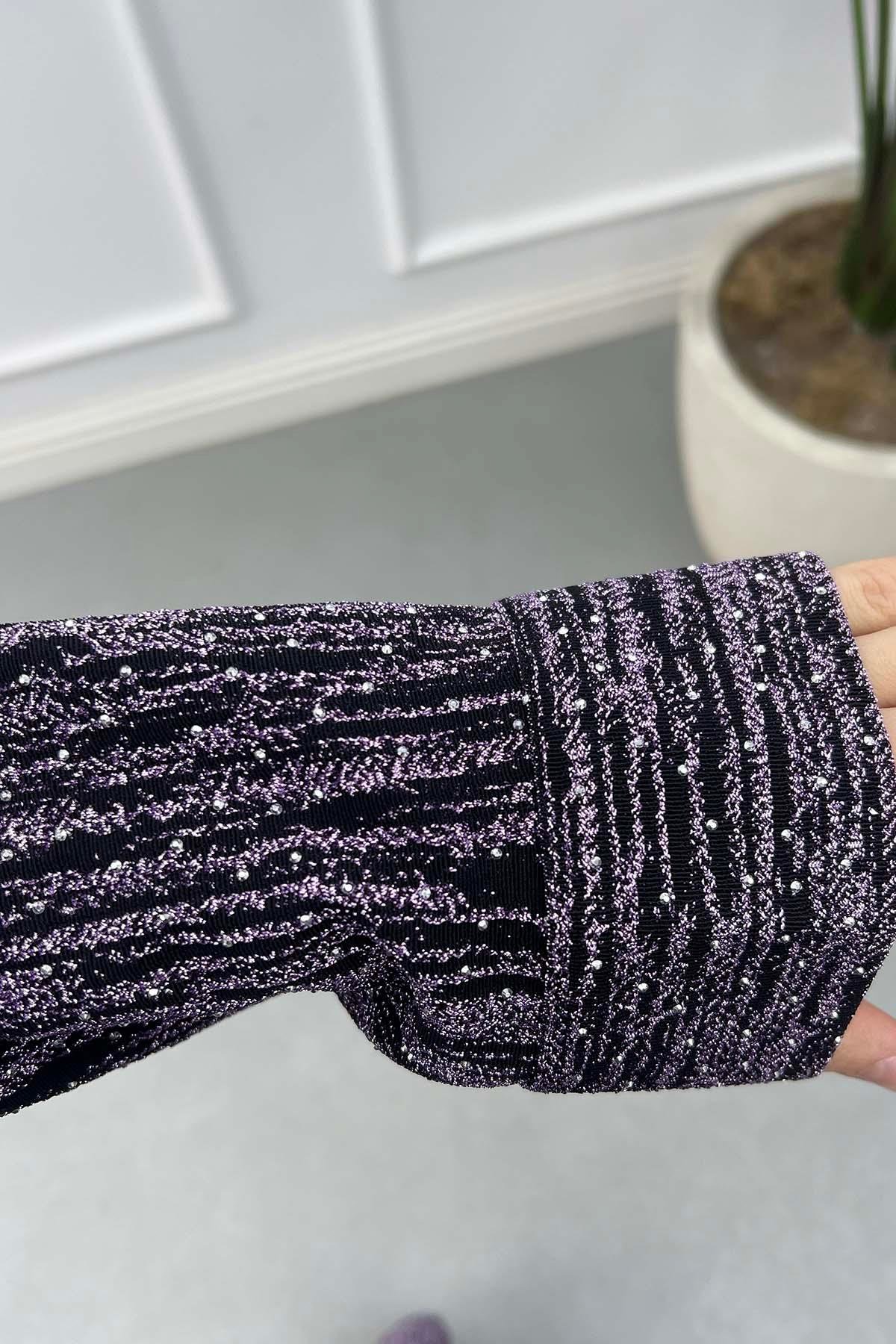Simli Taşlı Pantolon Takım Mor