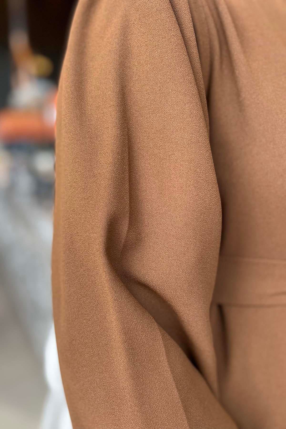 Sırma İşlemeli Kuşaklı Kaftan Elbise Kahve